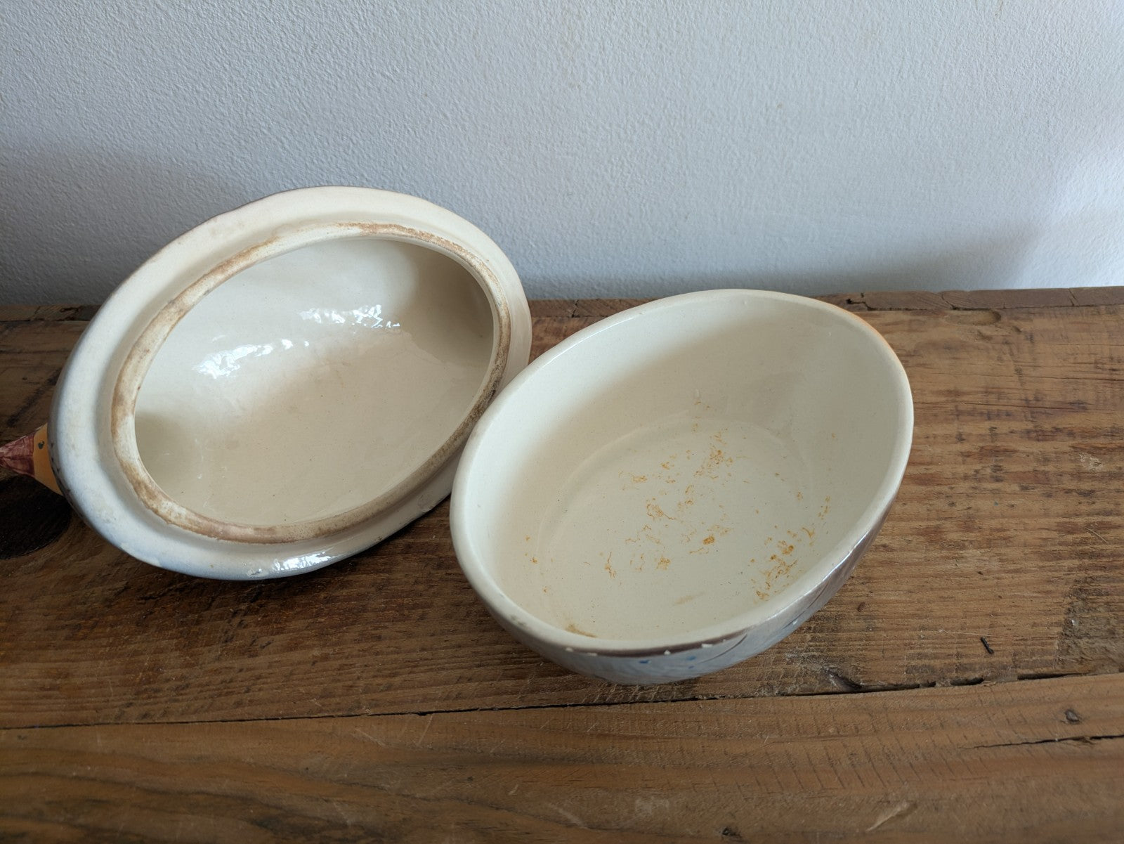 RARE VINTAGE FAIENCE PATE DISH WITH LID - PIGEON / DOVE - MICHEL CAUGANT BIRD 