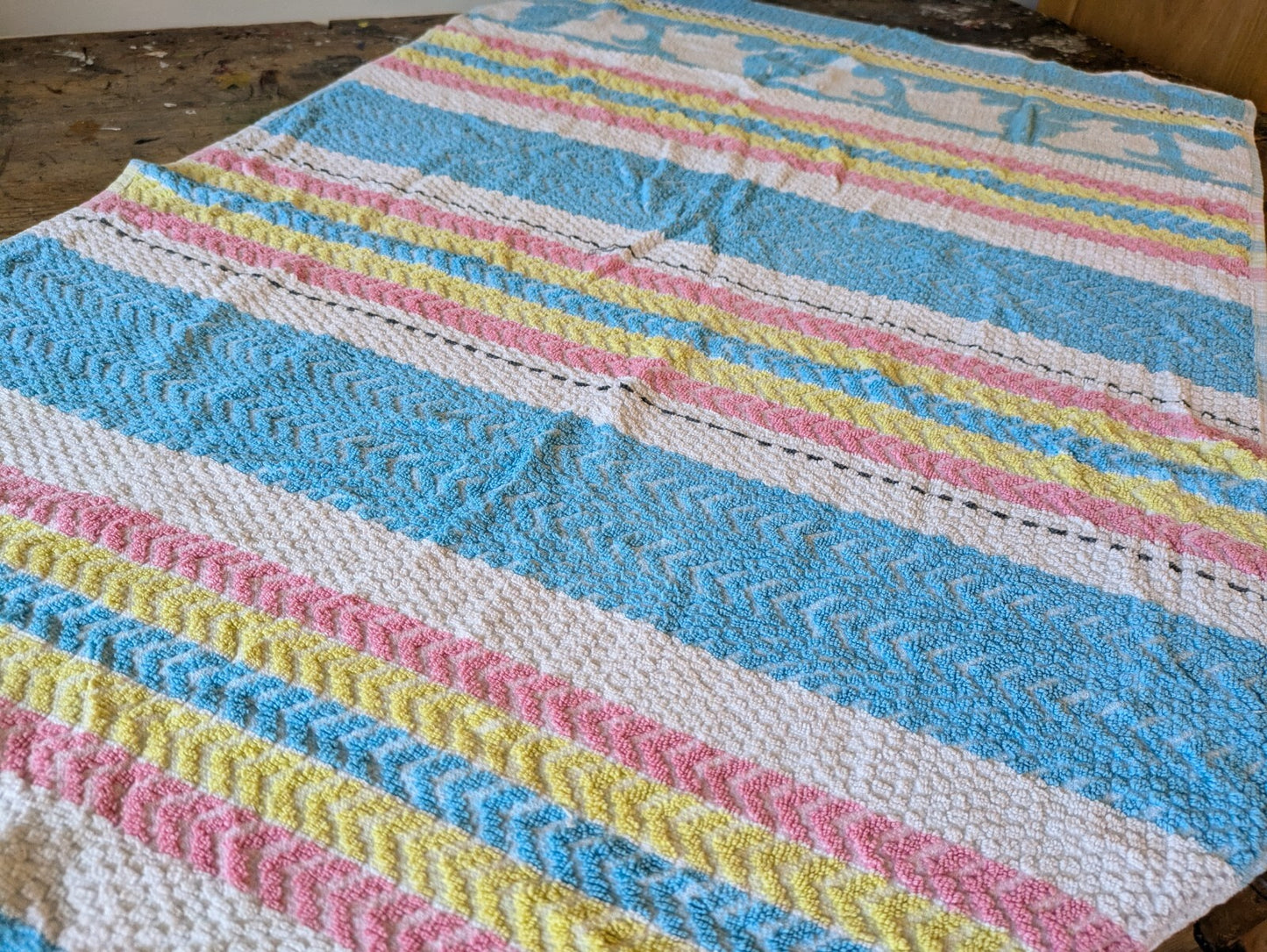 1 Vintage Towel Rainbow Stripe Retro Bath bathroom prop Midcentury Cotton Prop