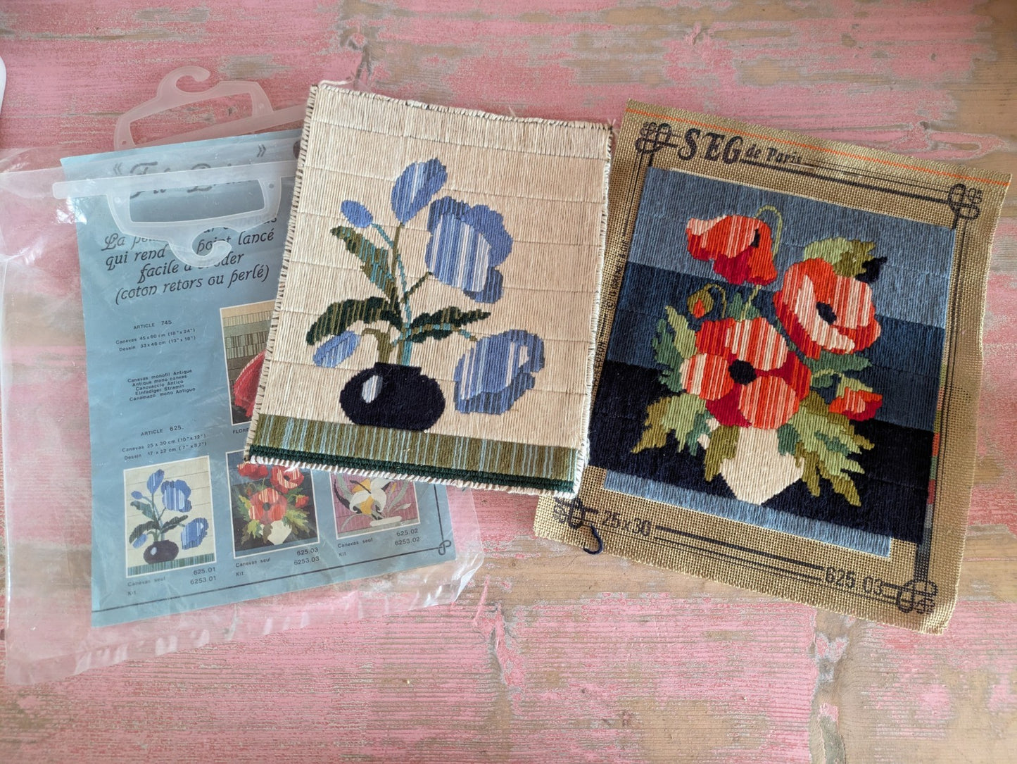 French Pair Of Floral Flowers Needlework Tapestry Kit Complete Panel Stitched
