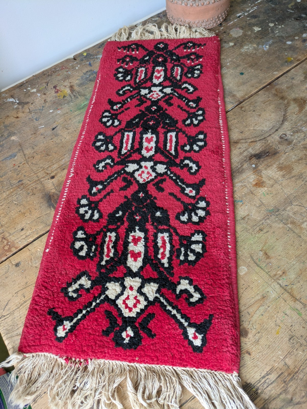 Vintage Fireside Small Rug Runner Geometric Ethnic Red Woven Vgc Tassels Bedside