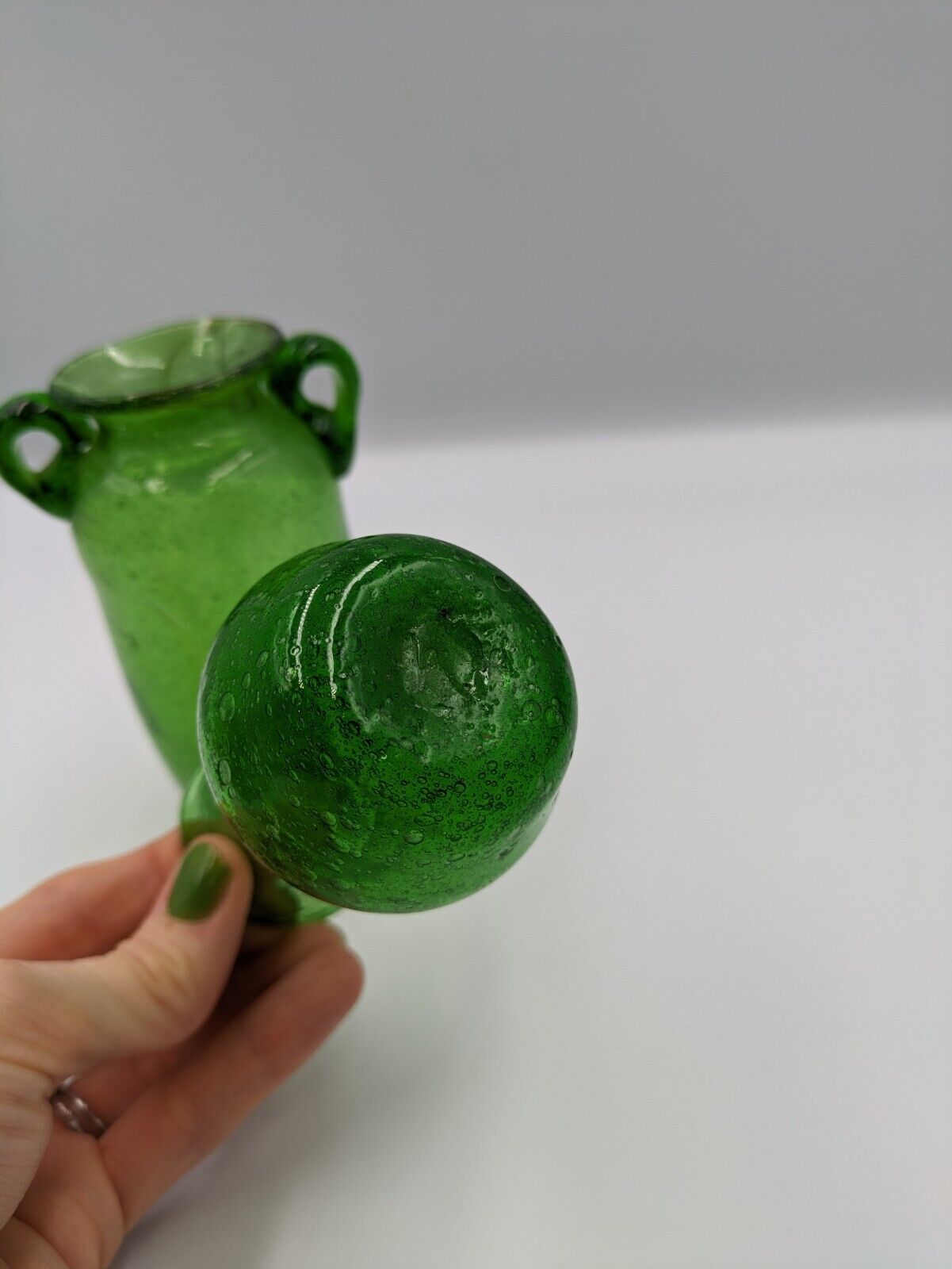 2x Vintage Emerald Green Bubble Glass Miniature Windowsill Vases Hand blown Rare