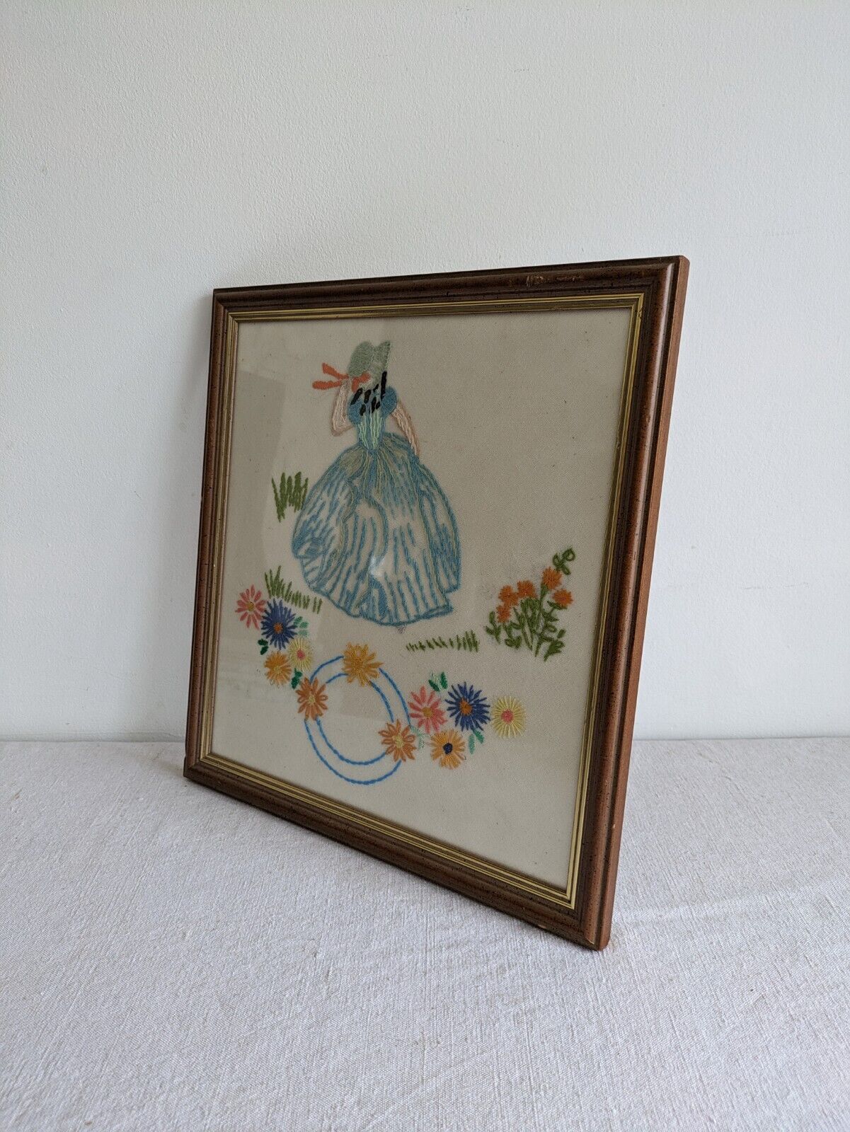 vintage framed picture embroidery crinoline Lady Antique Frame Gilt 30s 40s Vgc