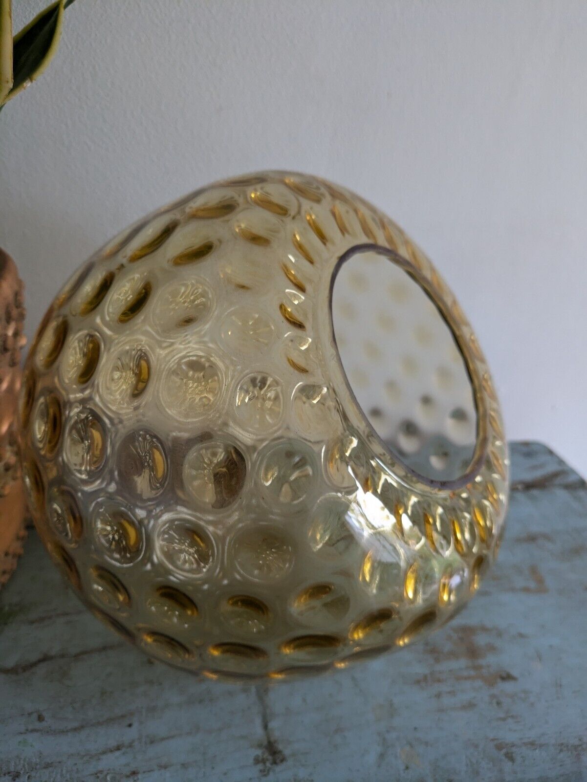 VTG AMBER GLASS CEILING PENDANT LIGHT SHADE HONEY COMB TEAK GLOBE MID CENTURY VG