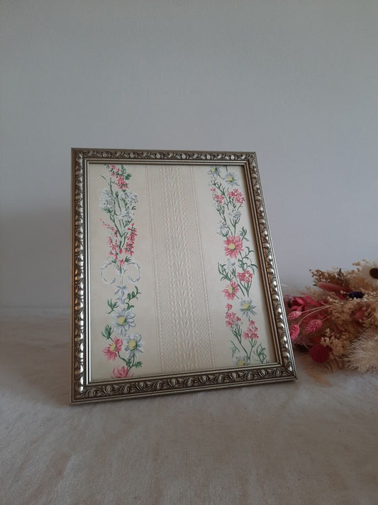 Floral picture Frame Wallpaper Sample gift framed Rare French Vtg Original Silve