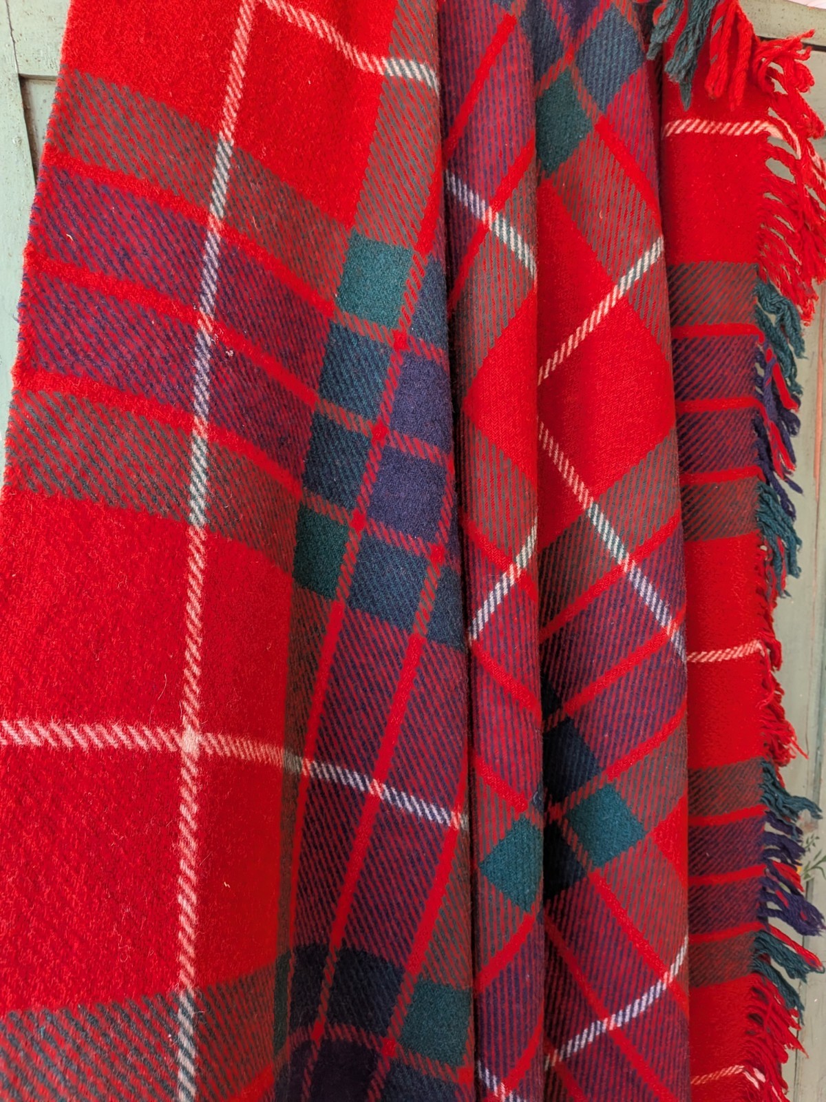 Red/Green All Wool Tartan Fringed Vintage Blanket 'The Clan' Rug Retro Scottish 