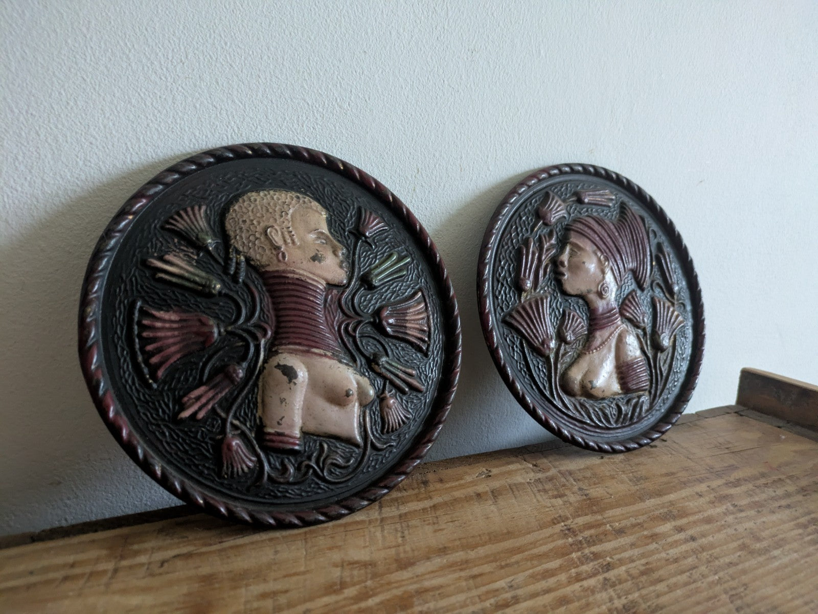 2x Mid Century Brass Plate Plaque Art Deco Art Nouveau African 1950s Pressed Old