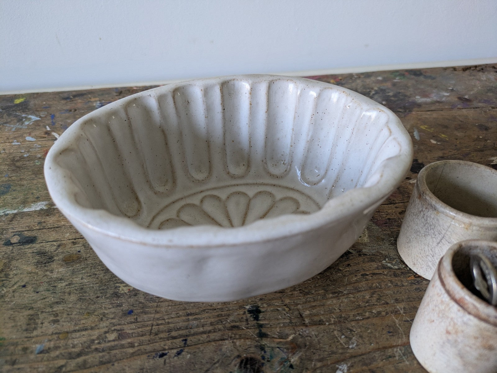 Antique Pottery Glazed Jelly Mould Oval Design White Vgc Kitchen Prop Decor Mold