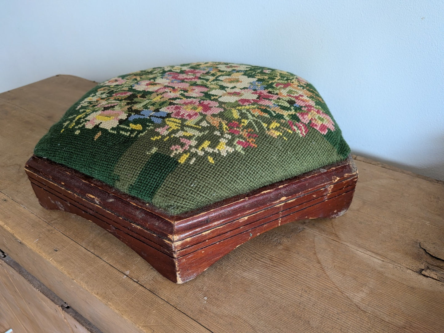 Vintage Hexagonal Footstool Embroidered Needlepoint Wood Floral Tapestry Stool