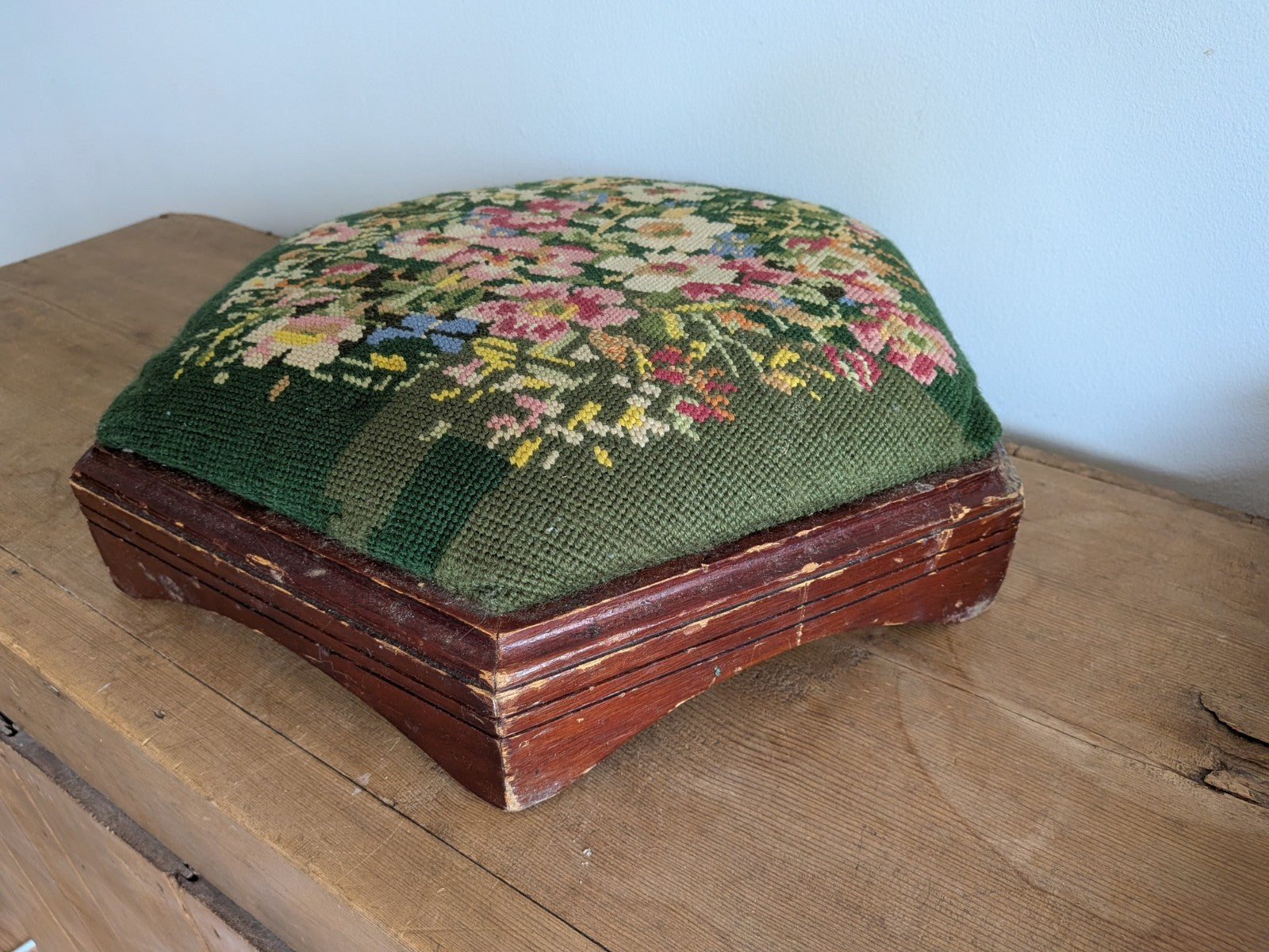 Vintage Hexagonal Footstool Embroidered Needlepoint Wood Floral Tapestry Stool