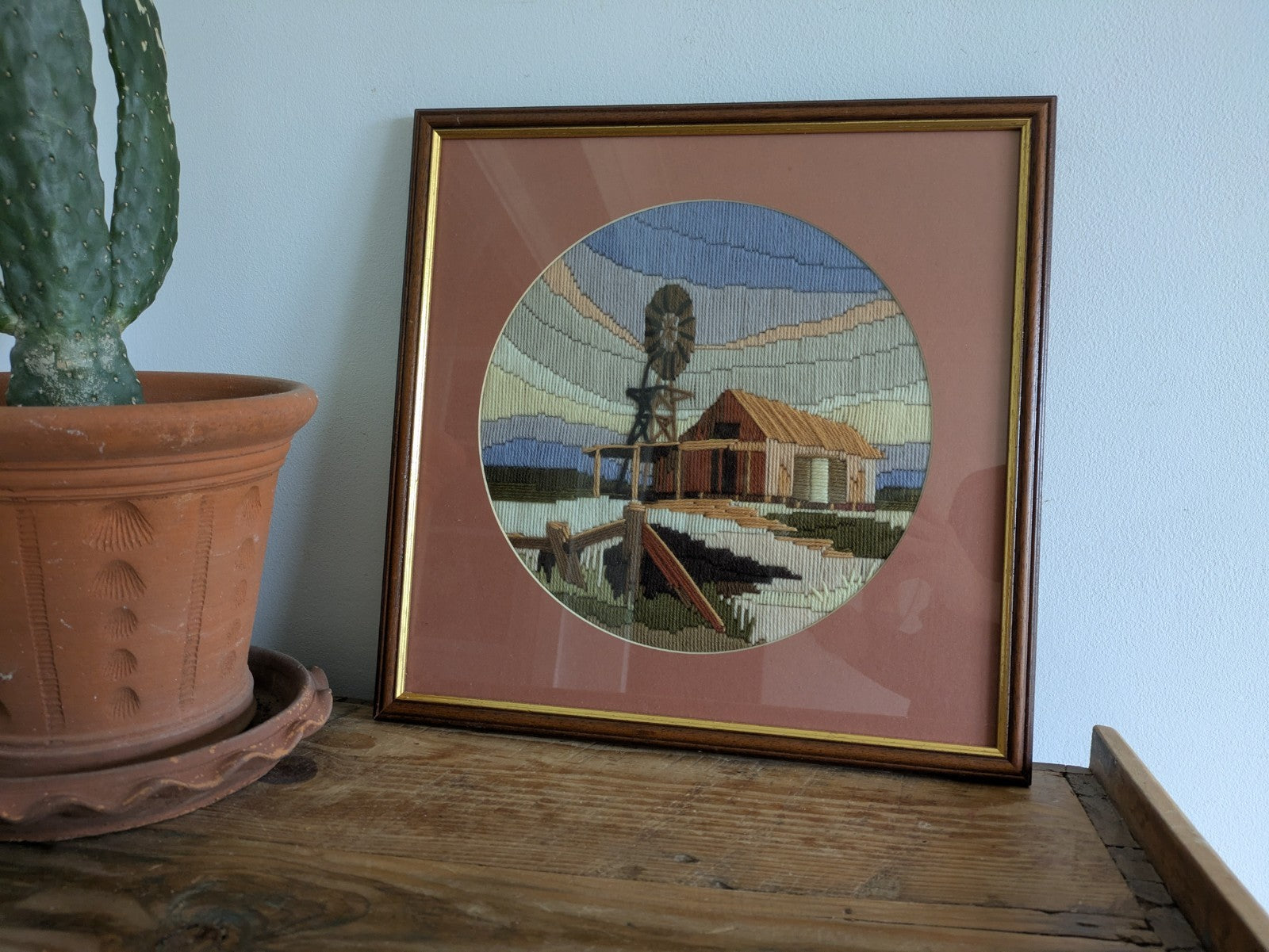 Vintage 1980s Embroidery Long Stitch Tapestry Picture Boho Wind Turbine Farm 