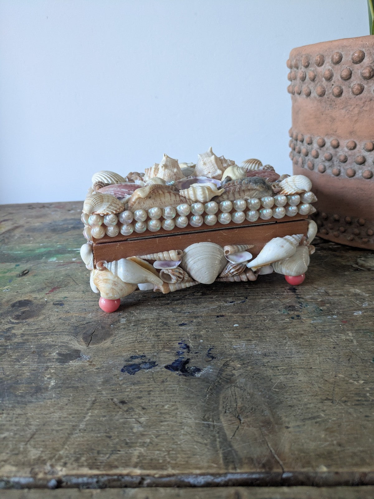 Vintage Seashell Encrusted Trinket Jewelry Box Genuine Retro Lined Wooden Hinged