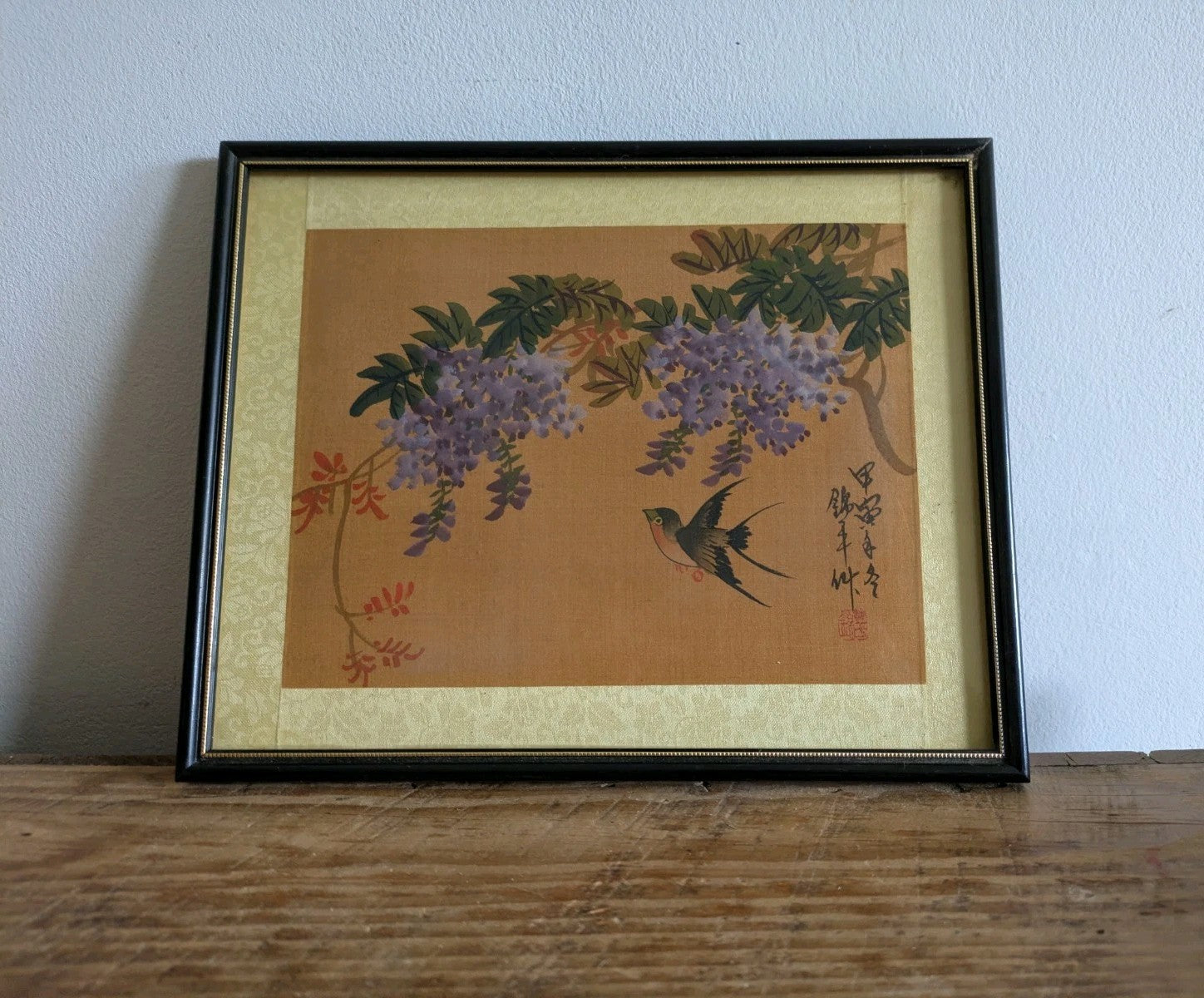 Antique Swallows & Wisteria Ohara Koson JAPANESE SIGNED PAINTING ON SILK FRAMED