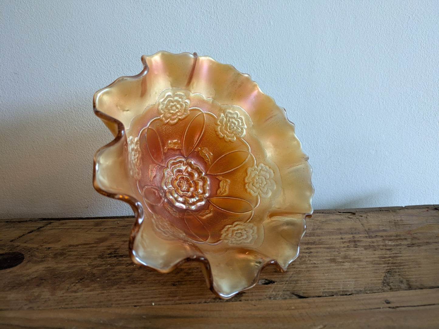 Carnival Glass Bowl Dugan Double Stem Rose Marigold/Peach Opal Iridescent C1917