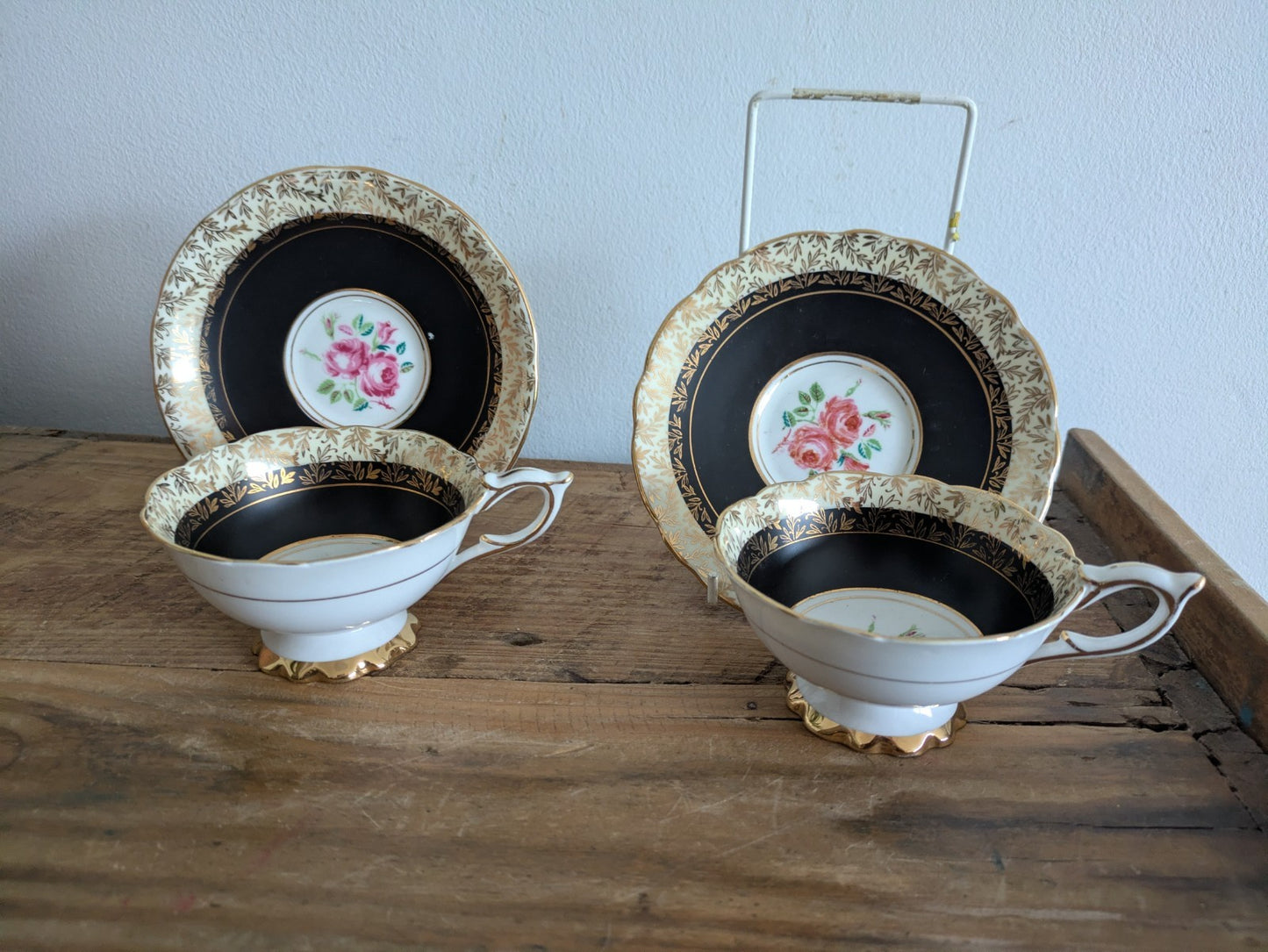 Pair Duos Vintage Royal Stafford Pink Black Gilt Cabbage Rose Cup and Saucer x2
