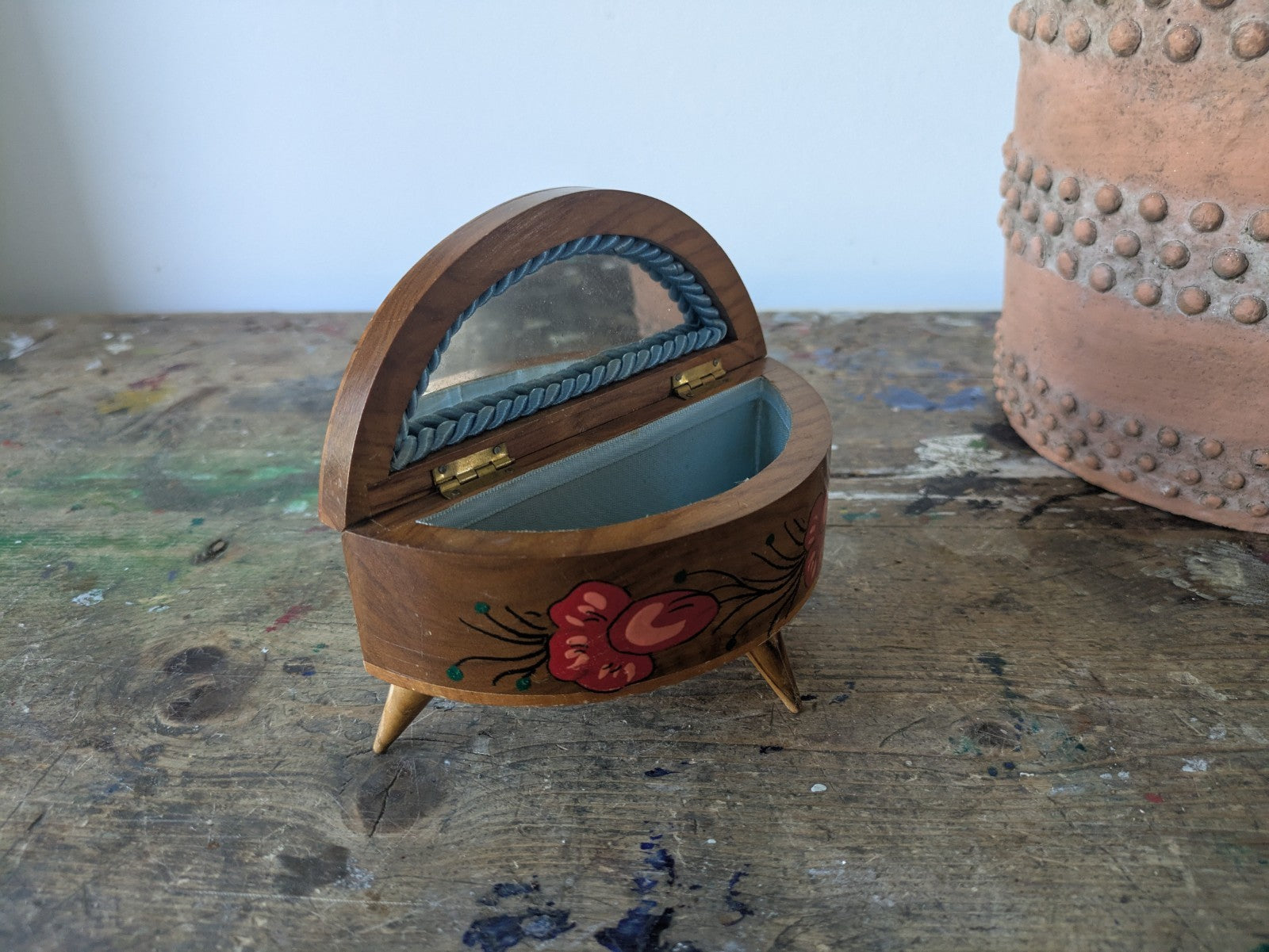 Trinket Jewelry Box Mallorca Ibiza Wood Dancers Lined Mirror Vtg Demilune Prop