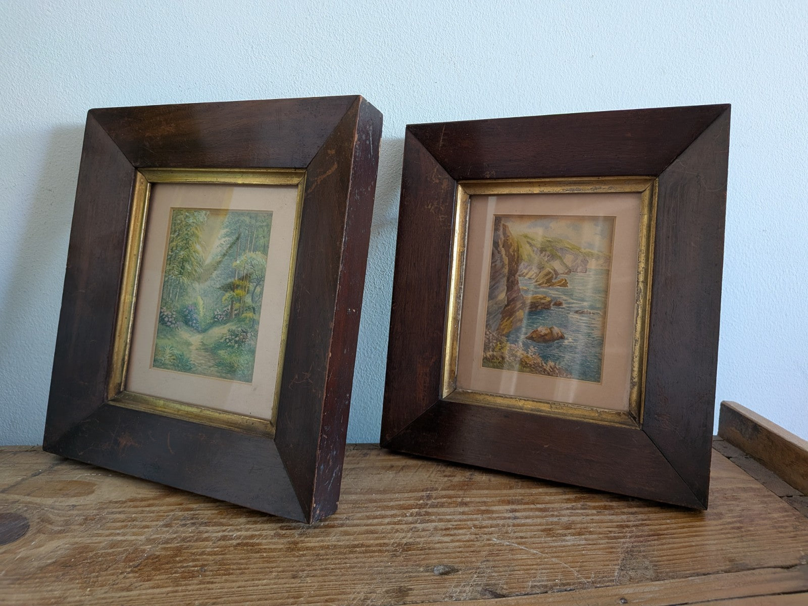 Pair Antique Framed Alan White Vtg Watercolour Signed Langcliff Woods Painting 