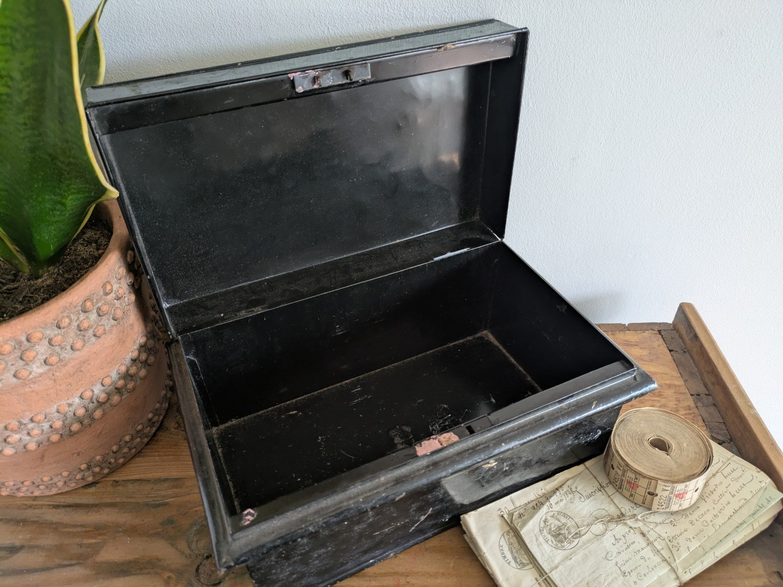 Vintage Metal Box Document Deed BOX  Black Latch Hinged Lid Medium Cash Tin File