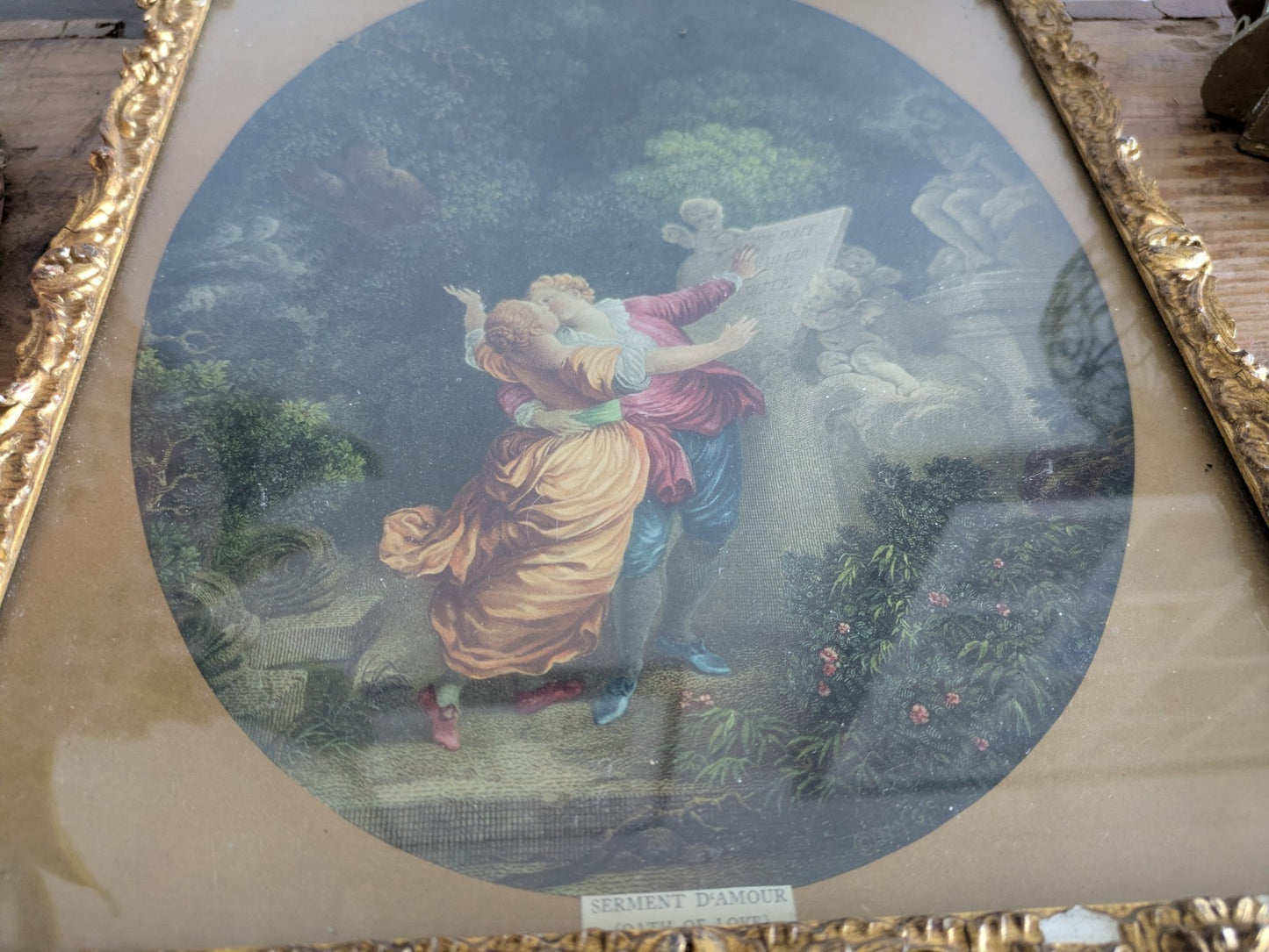 Antique 19th Cent Colored Engraving Le Serment d'Amour  The Lover's Oath Framed 
