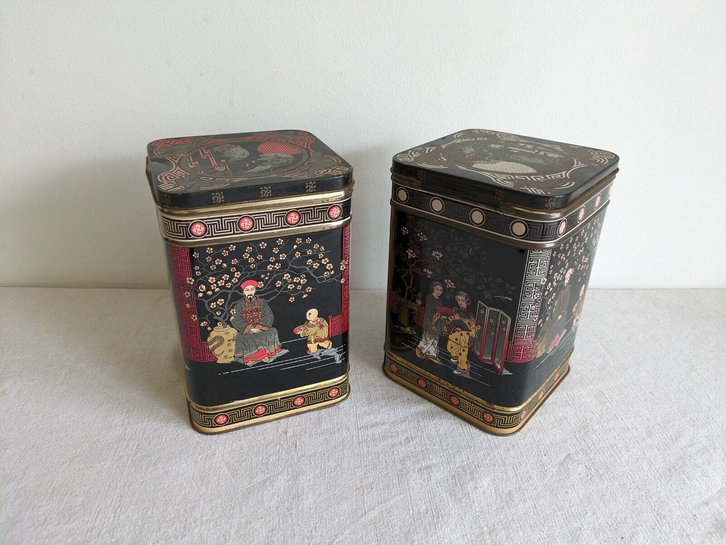 2x Original Vintage Japanese Black TEA Two Pound Tin Metal Made In England Large