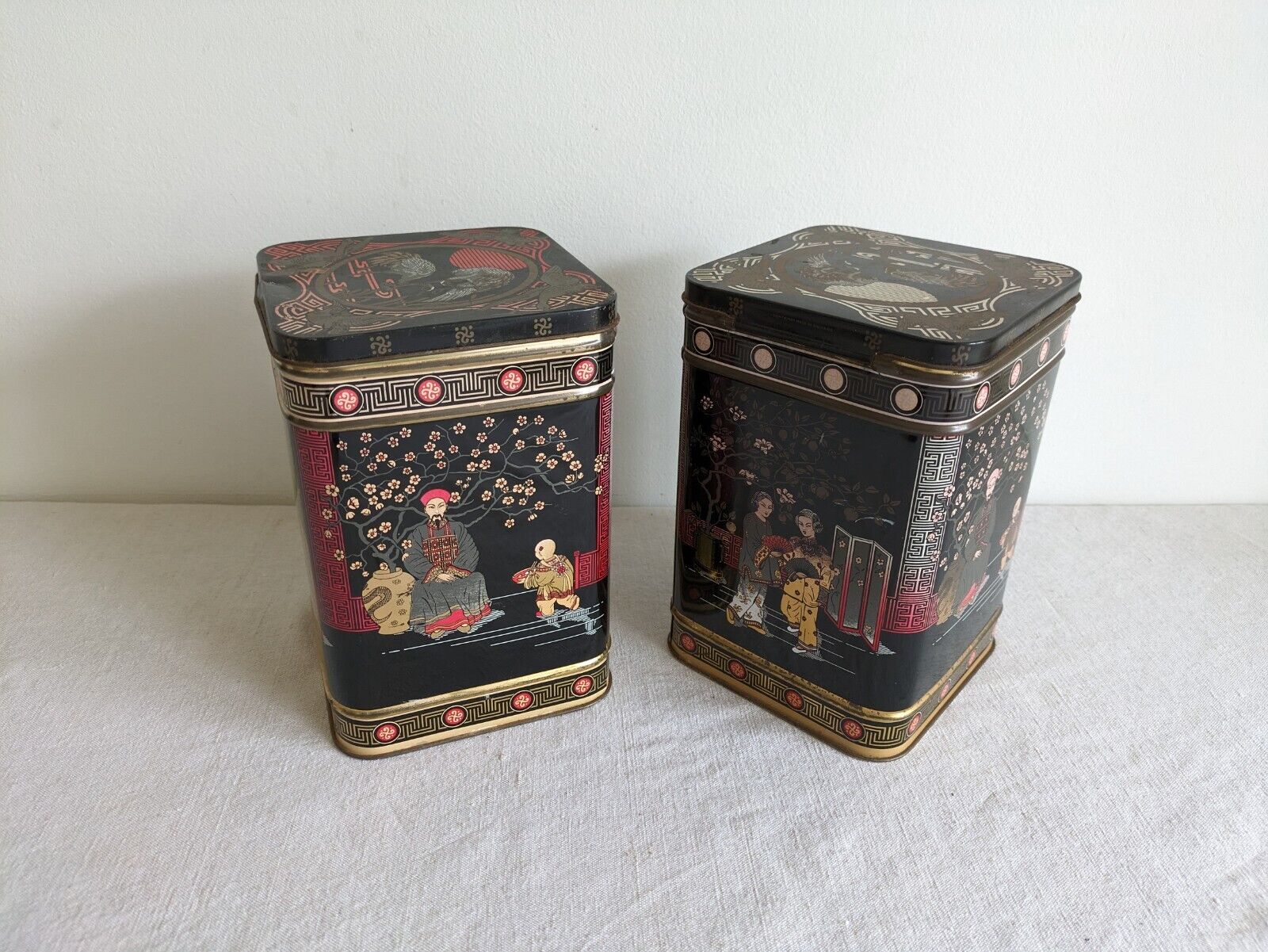 2x Original Vintage Japanese Black TEA Two Pound Tin Metal Made In England Large