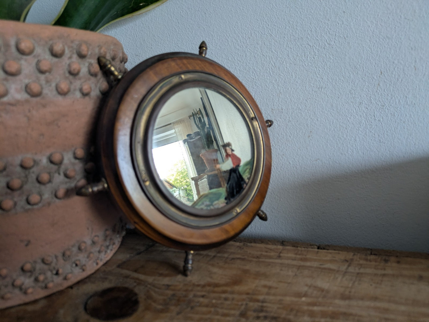 Antique Porthole Maritime Mirror Solid Oak Small Ships Wheel Nautical 1920s Vtg