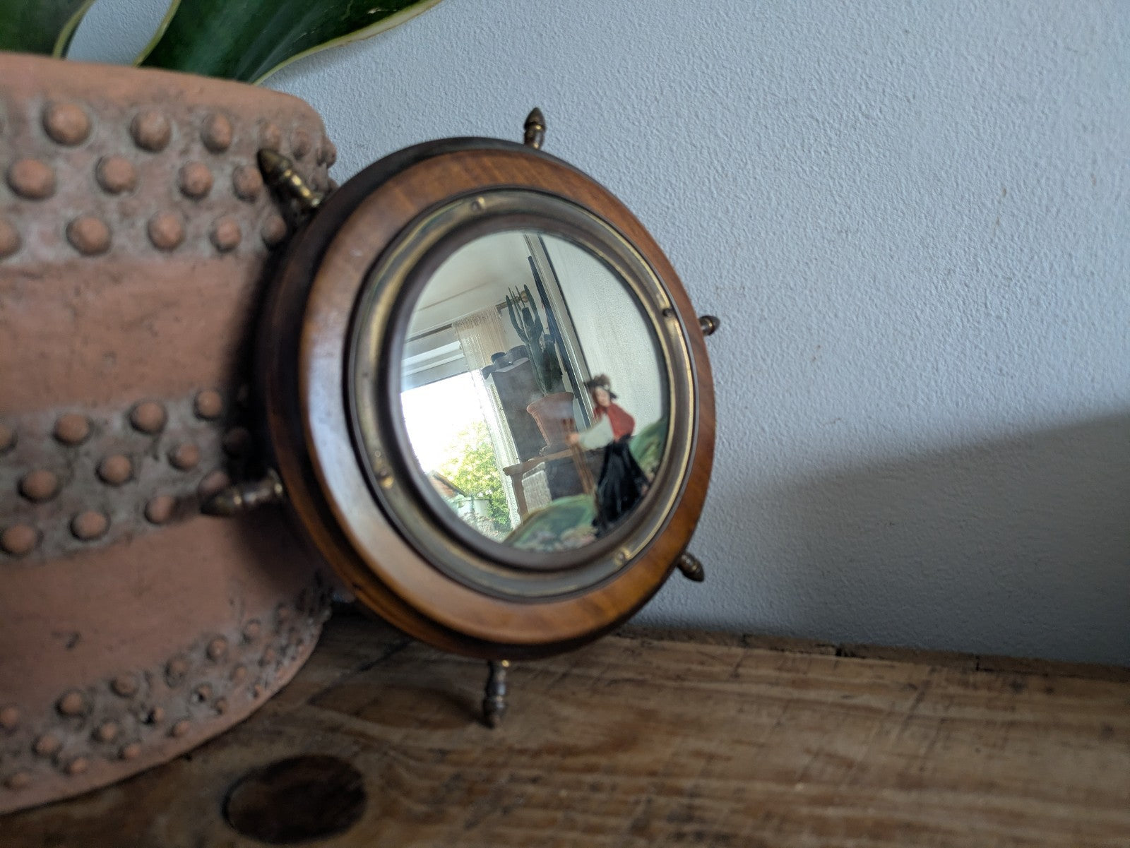 Antique Porthole Maritime Mirror Solid Oak Small Ships Wheel Nautical 1920s Vtg