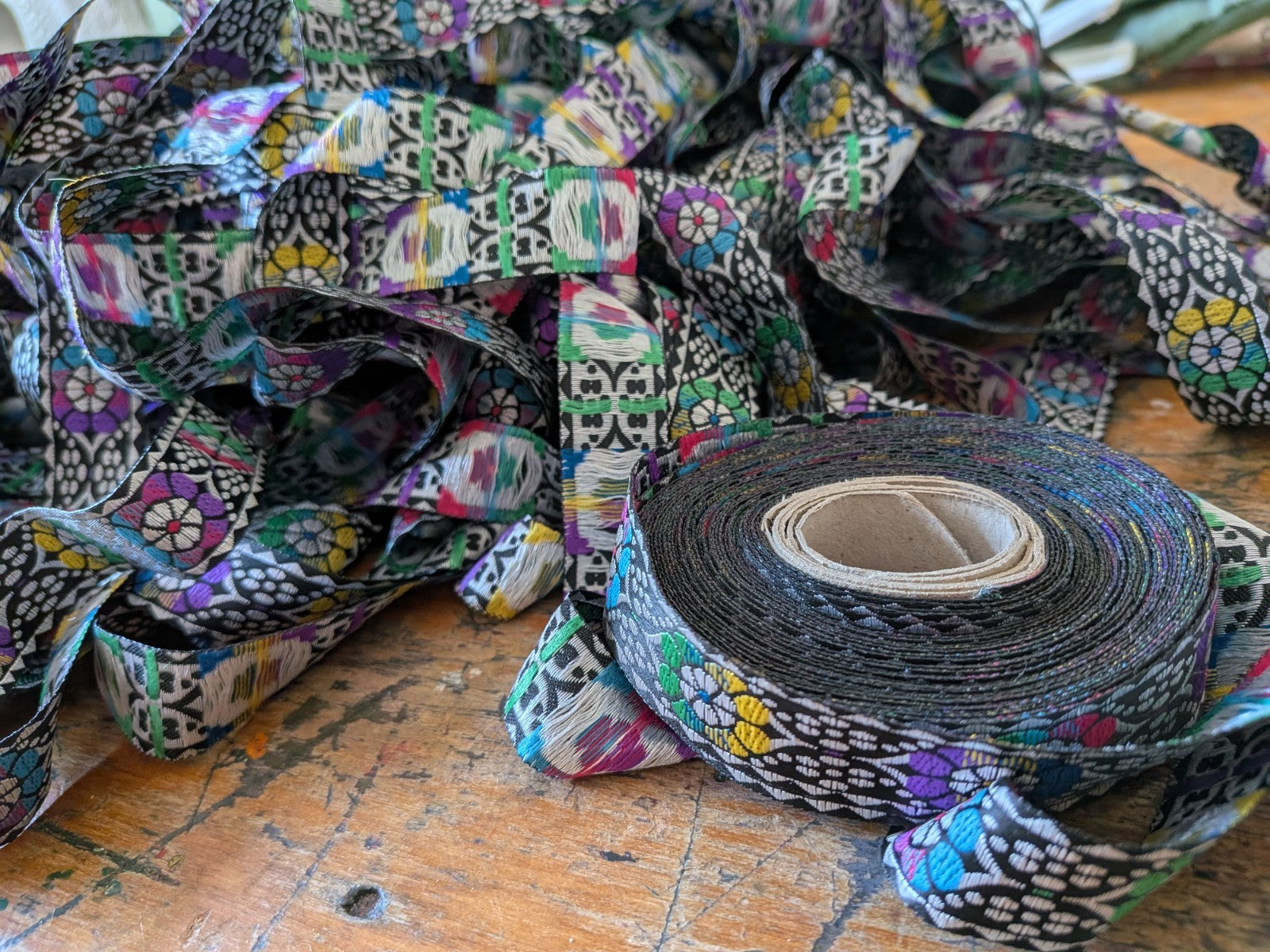 Jacquard Ribbon Black Dotty Roll Patterned Floral Multicoloured Black Trim Craft