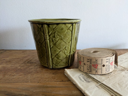 Vintage Churchill England Plant Pot Basket weave Green Glaze Small Retro MCM Vgc