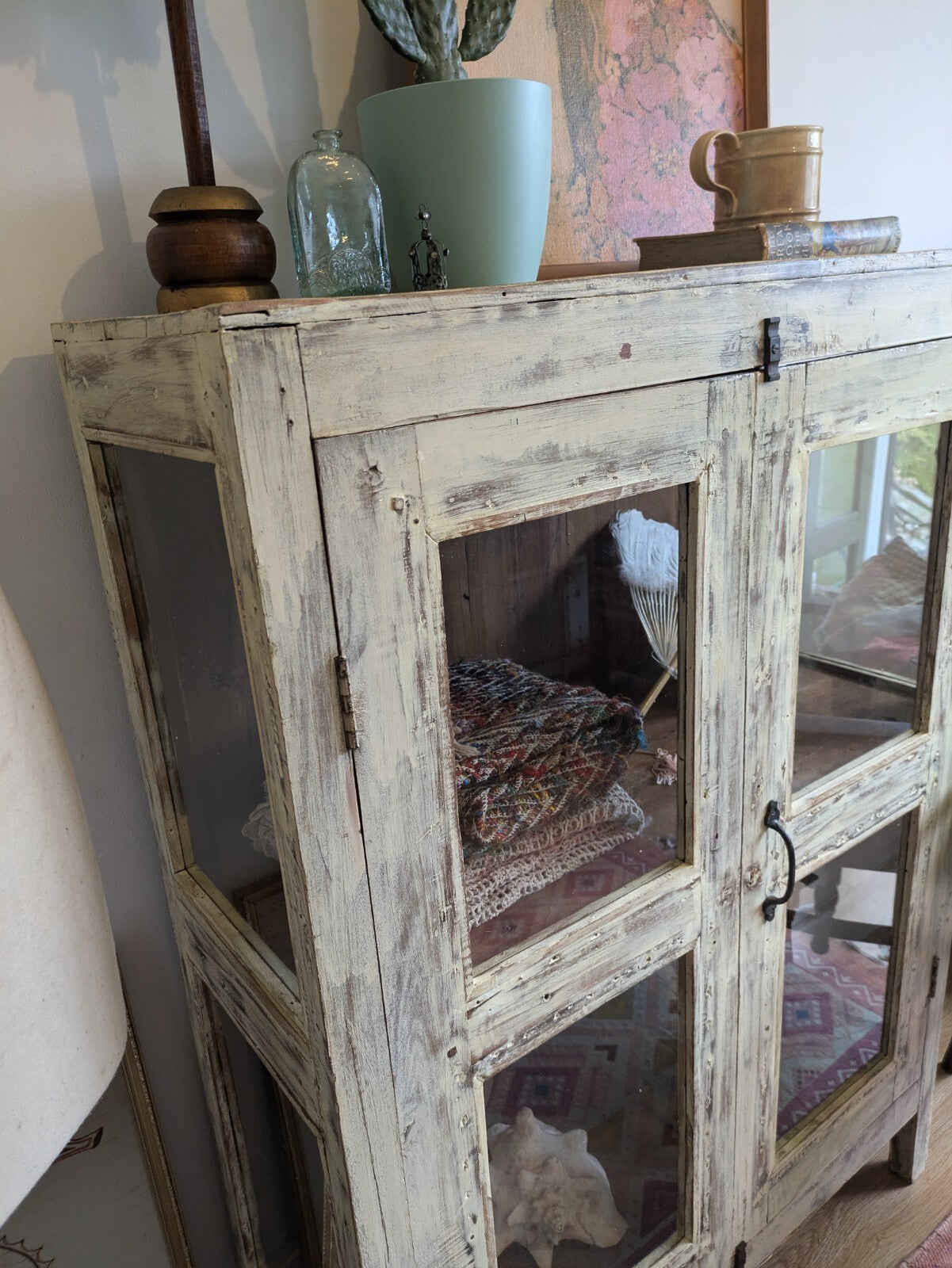 Restored Antique Vintage Indian Cabinet Cupboard Painted Glazed Reclaimed Cream