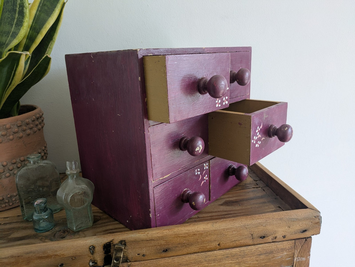 VTG Painted Drawer Office Craft Drawers Table Desk Top Index Work Sewing Purple