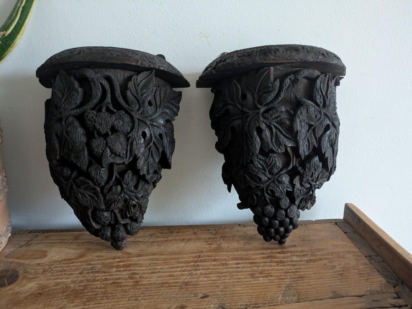 Antique Pair Carved Wall Hanging Shelf Sconce Decor C1880 Demi Lune Rare Vtg 