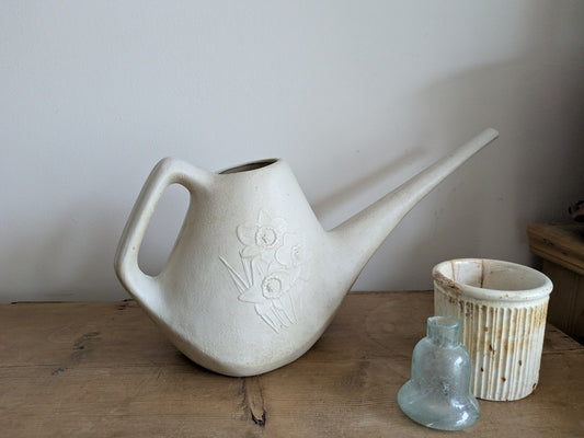 Vintage White Plastic Watering Can MCM Daffodils Spring House Plants Retro Prop