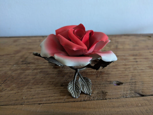 Vintage Capodimonte ~ Red Rose Flower On Metal Stand  ~ Excellent 1970s Kitsch