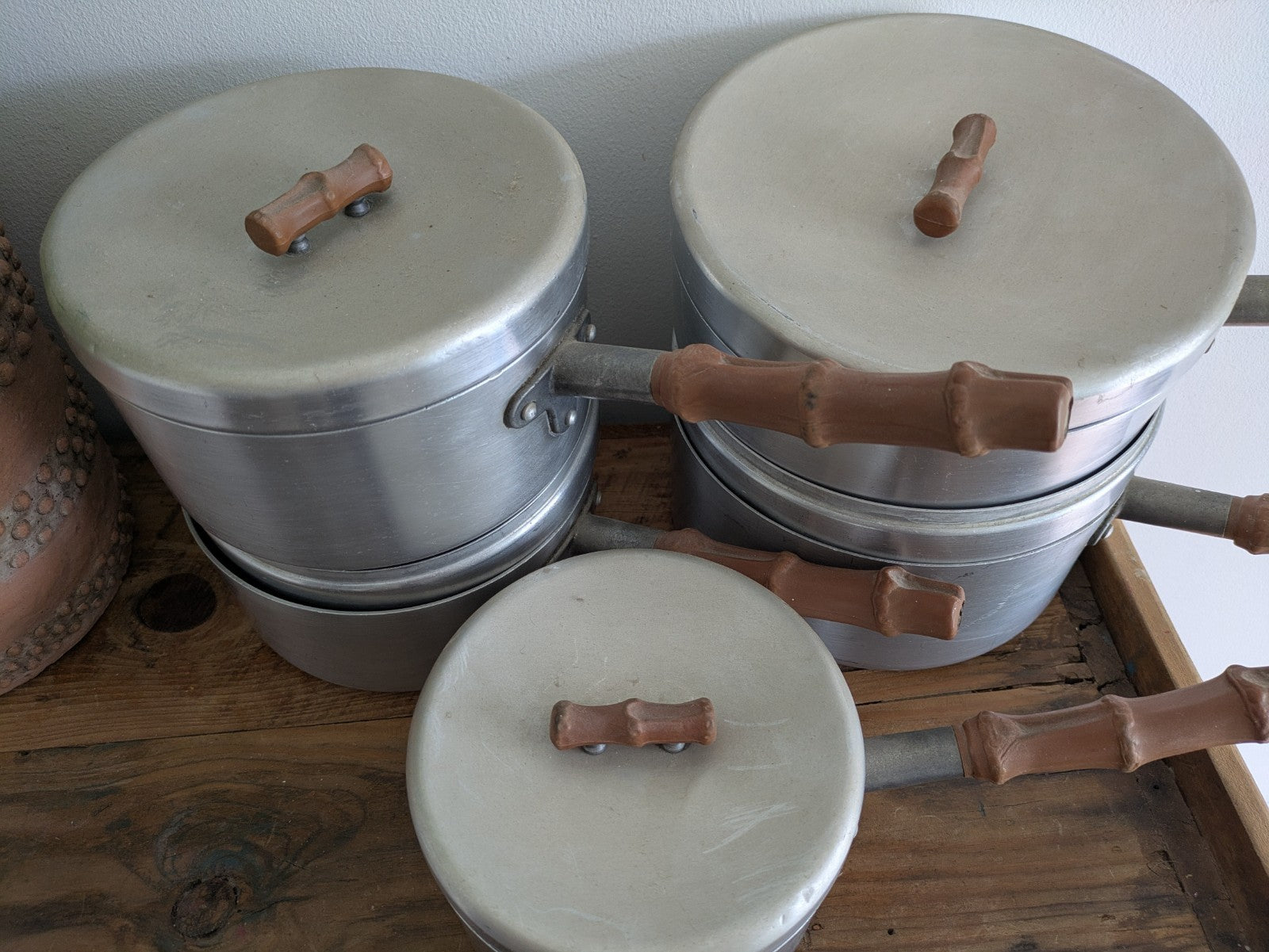Vtg Retro Bamboo Mirro Ware Stainless Steel Aluminium Cooking Pots Sauce Pan Fry