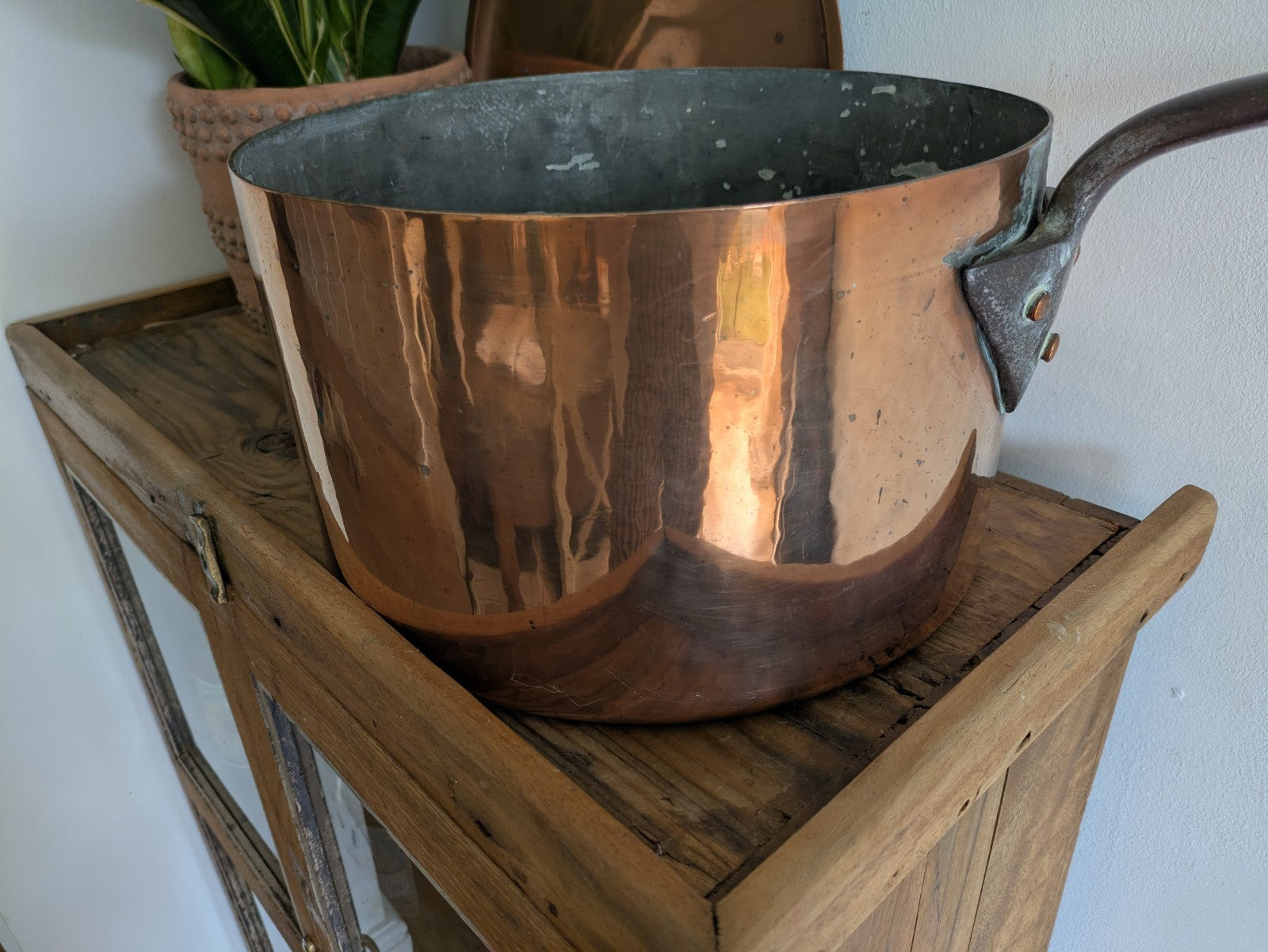 X Large Antique Georgian Copper Sauce Pan 6.9kg 32D 18.7H XL Huge Chef Cooking