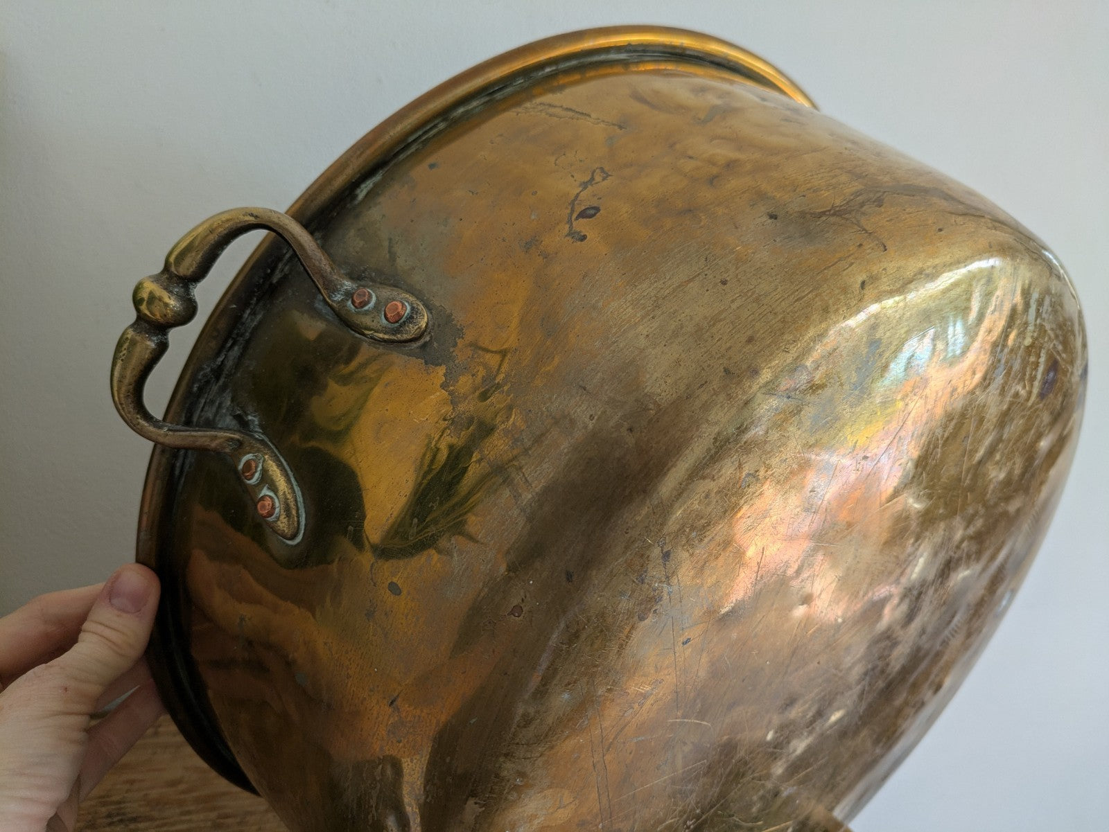 Antique 19thC Victorian Brass Pot Pan Double Handles Giant XL Size Chef Kitchen