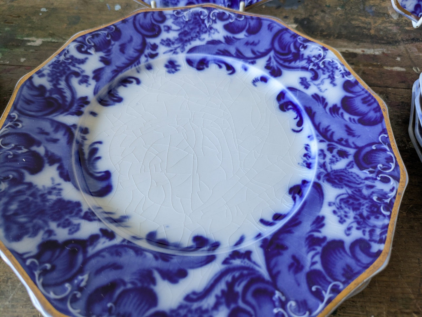16 Piece Antique Vtg W. H. GRINDLEY Argyle Flow Blue Dinner Dessert Plates Set