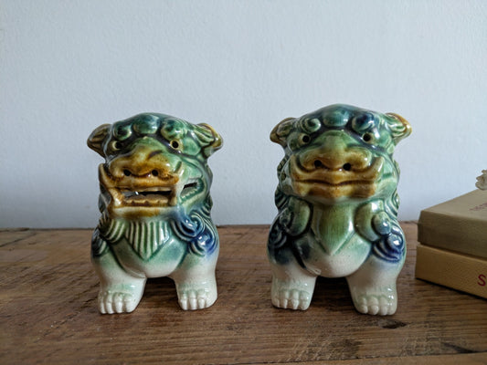Pair Of Vintage Ceramic Green Blue Chinese Foo Dogs Fierce Guardian Lions Green