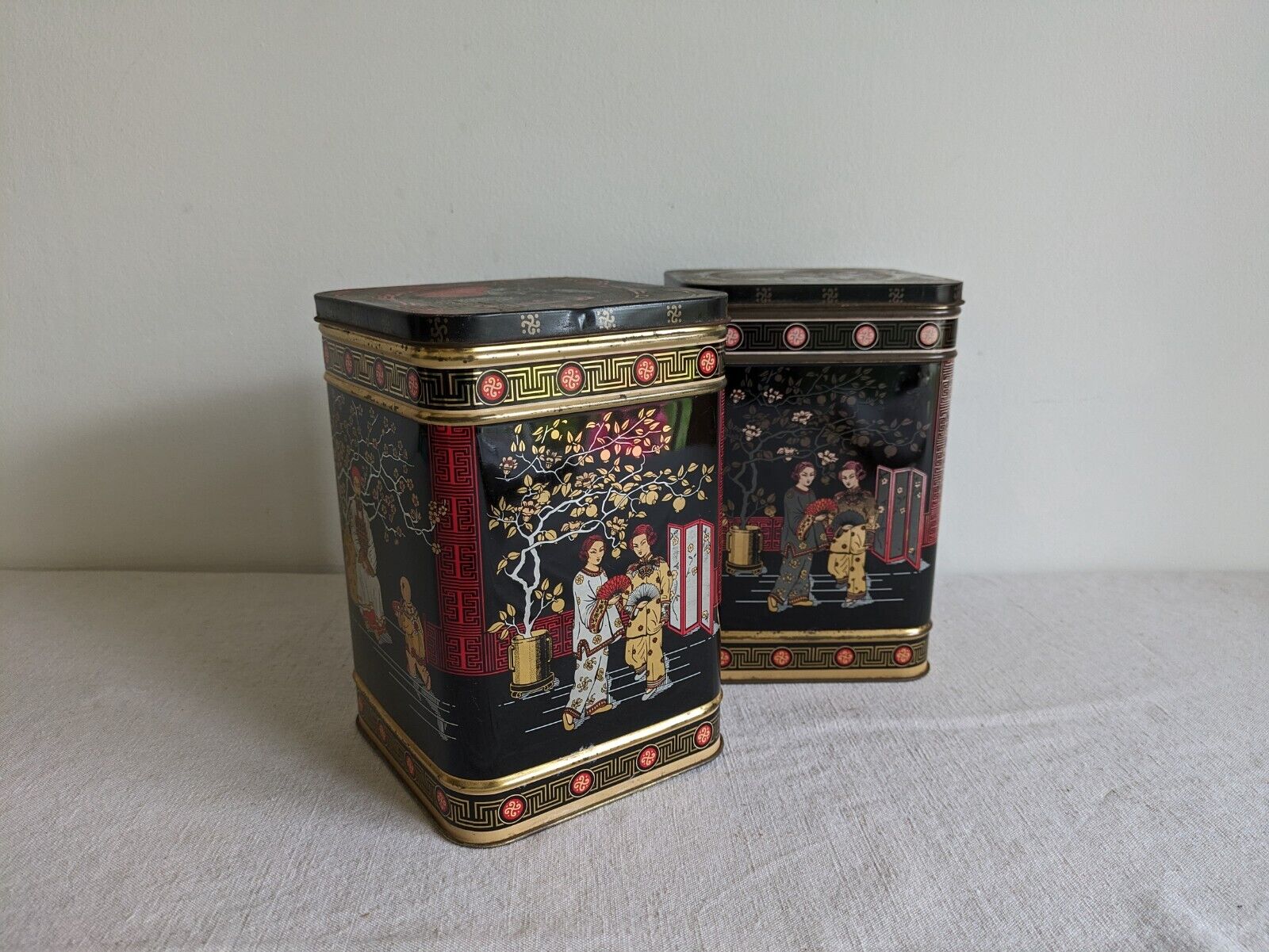 2x Original Vintage Japanese Black TEA Two Pound Tin Metal Made In England Large