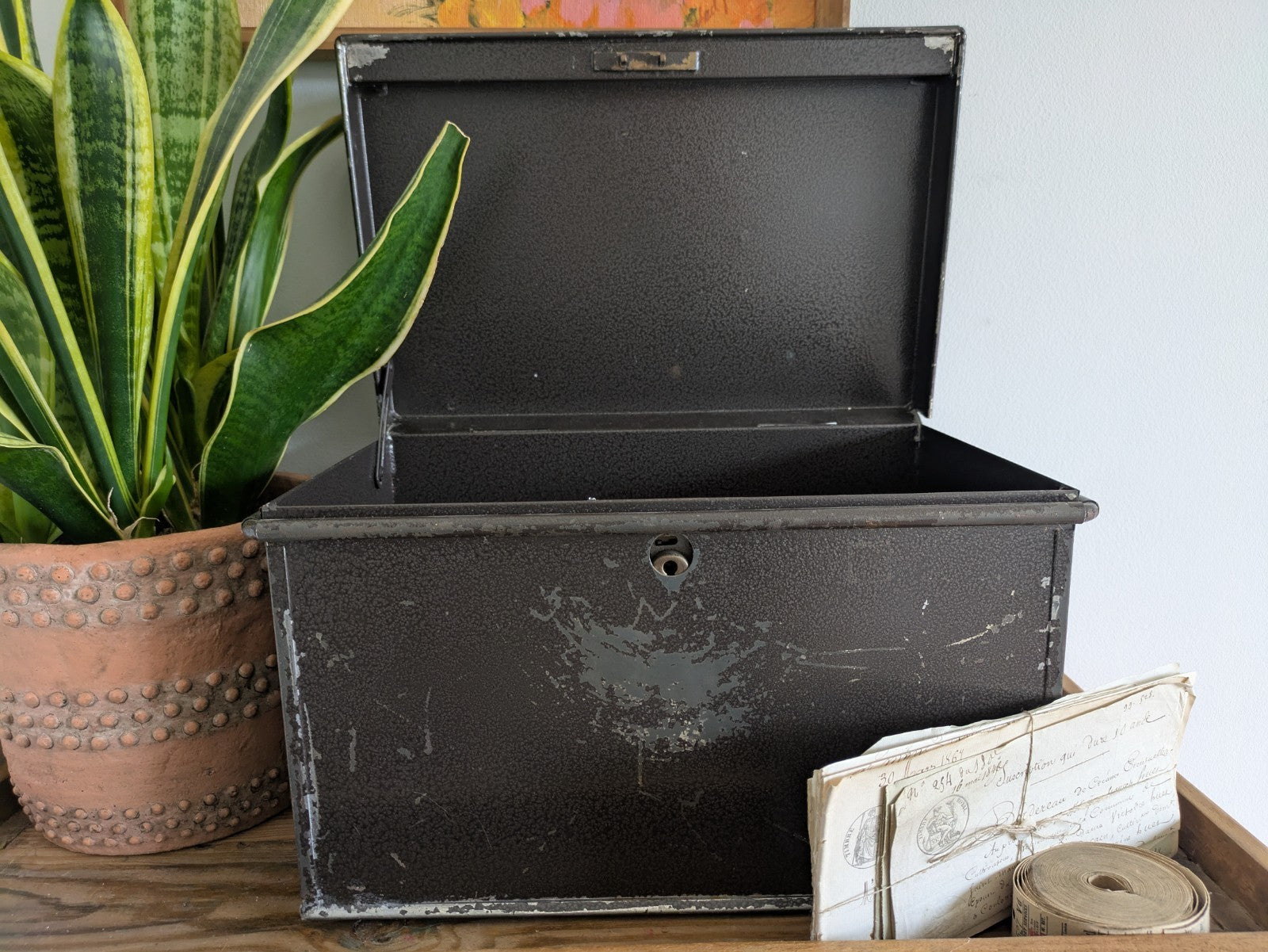 Vintage Metal Box Document Deed BOX  Grey Latch Hinged Lid Large Cash Tin File