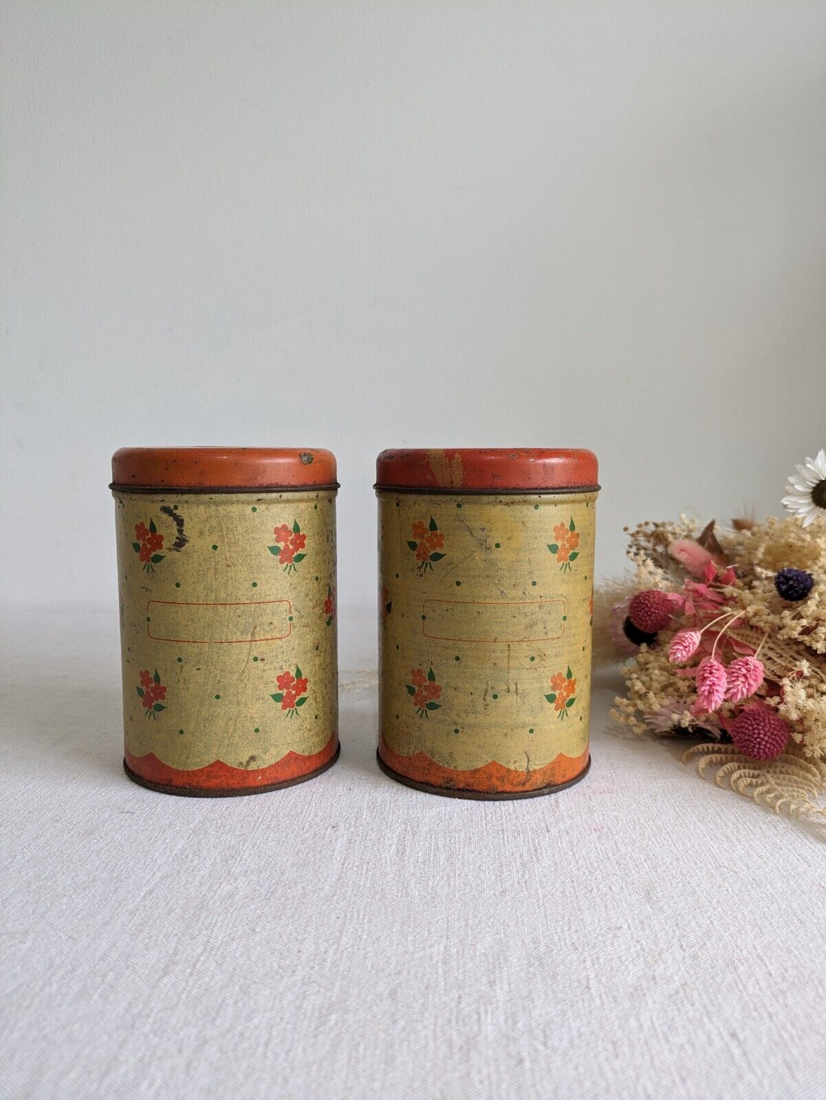 2x Vintage 1930s 20s Handiware Ditsy Storage Tin / Canister Rare Prop Kitchen