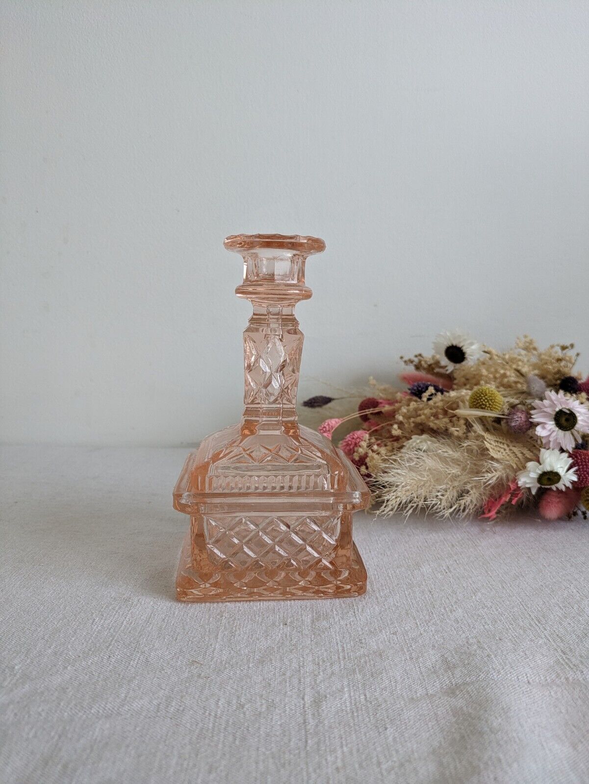 Vintage Art Deco Pink Single Glass Candlestick Quilted Dish Trinket Box Rare Vgc
