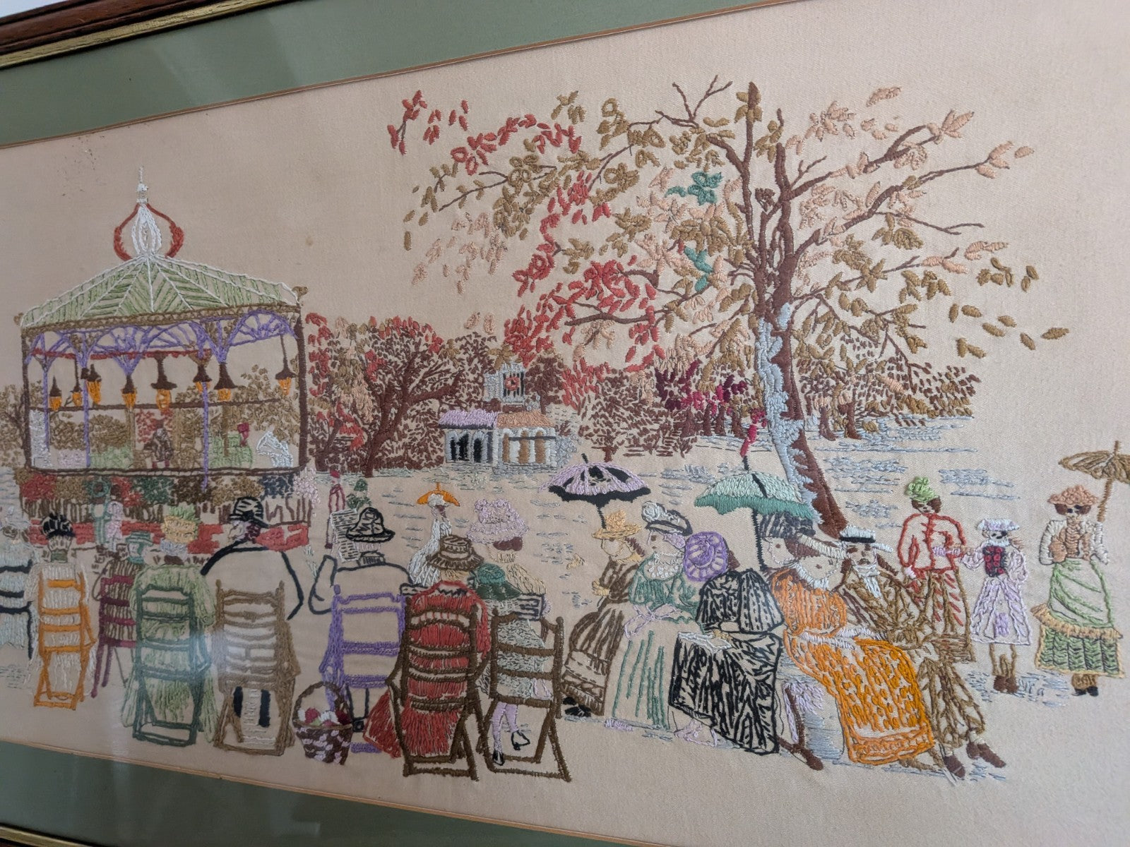 Vintage Cross Stitch Victorian Band Stand Play Framed Embroidery Crewel Large