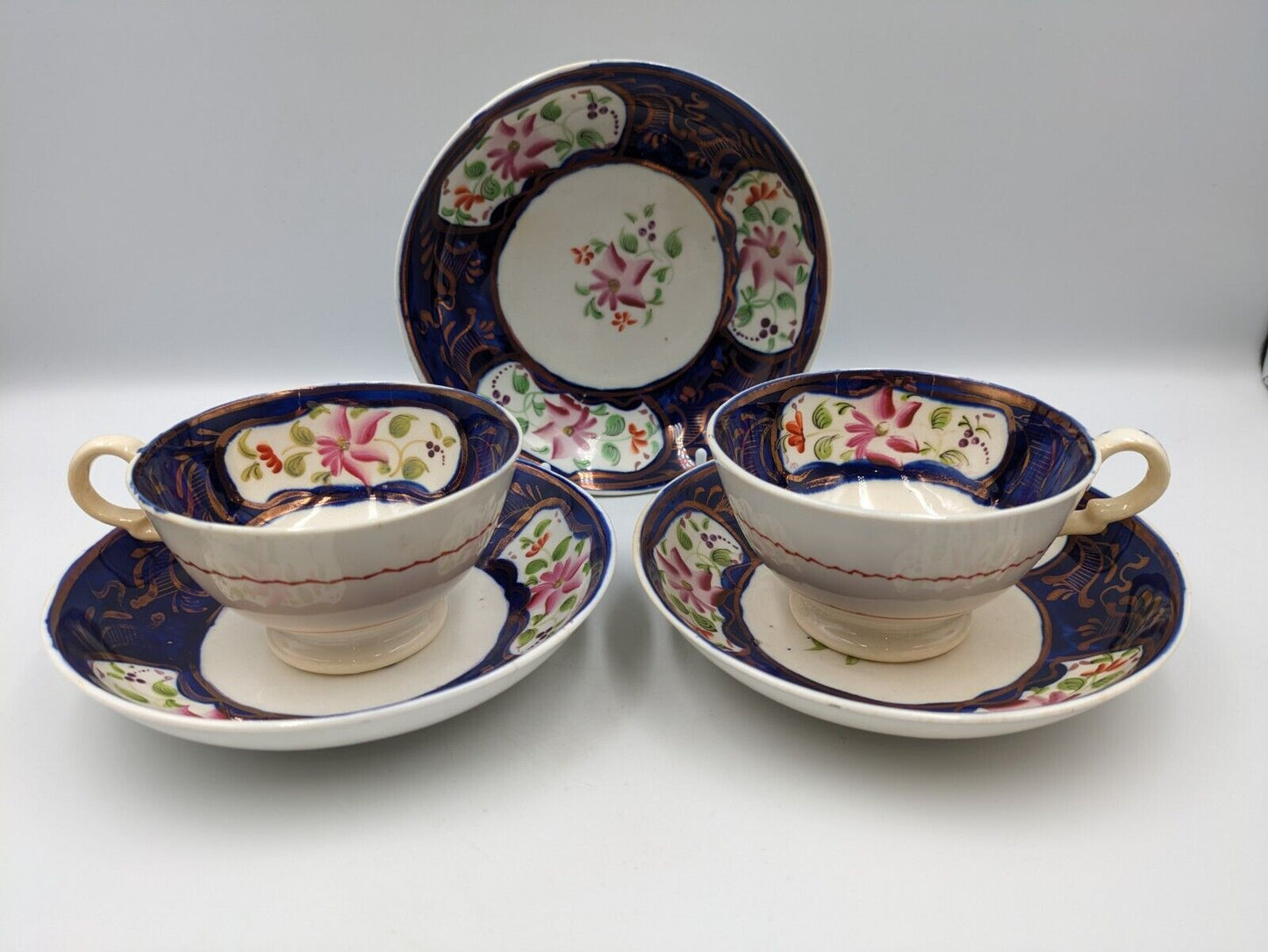 ANTIQUE Mid 1800’s ENGLISH GAUDY WELSH TEA CUPS SAUCERS DUOS COBALT BLUE COPPER 
