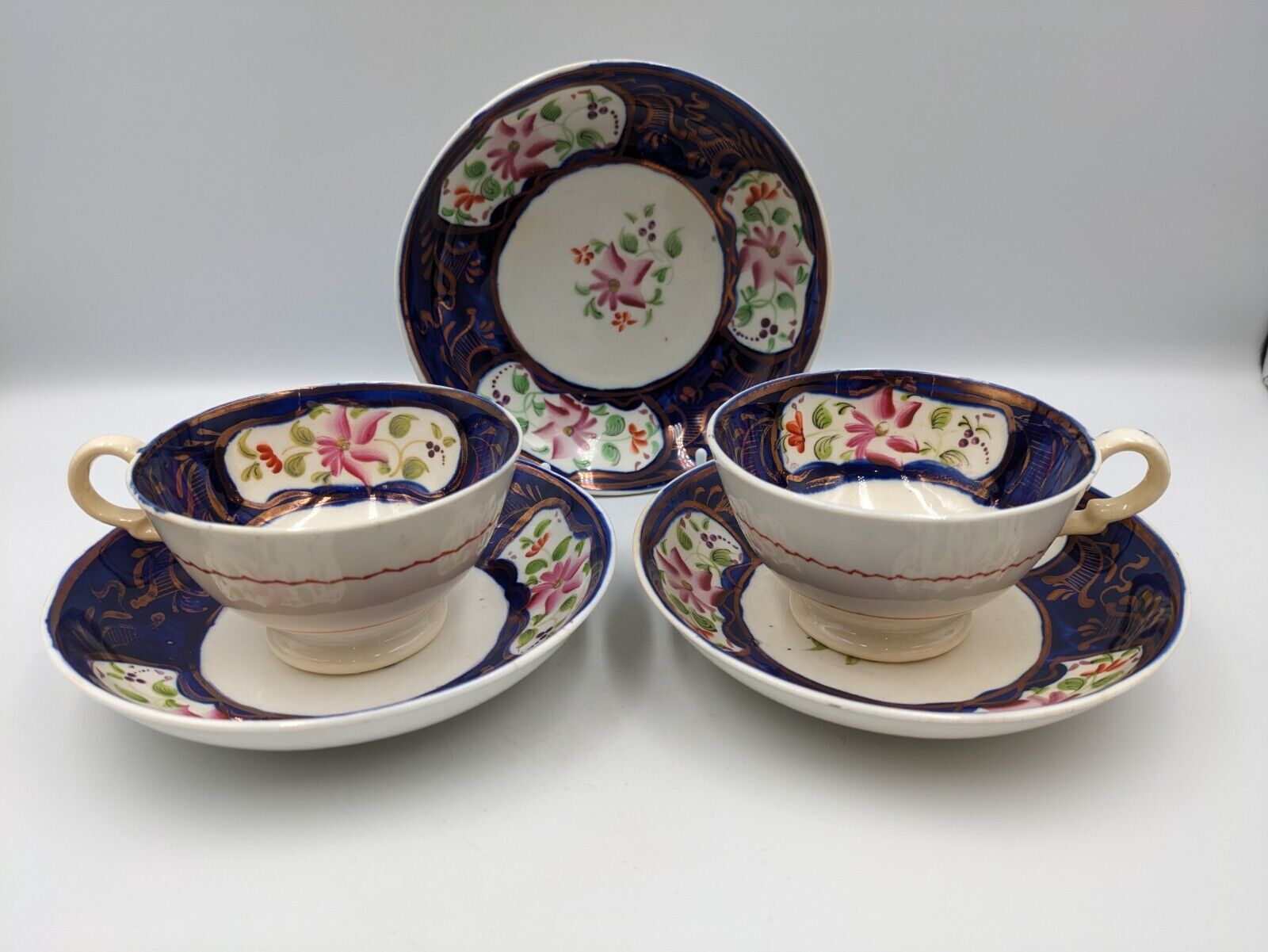 ANTIQUE Mid 1800’s ENGLISH GAUDY WELSH TEA CUPS SAUCERS DUOS COBALT BLUE COPPER 