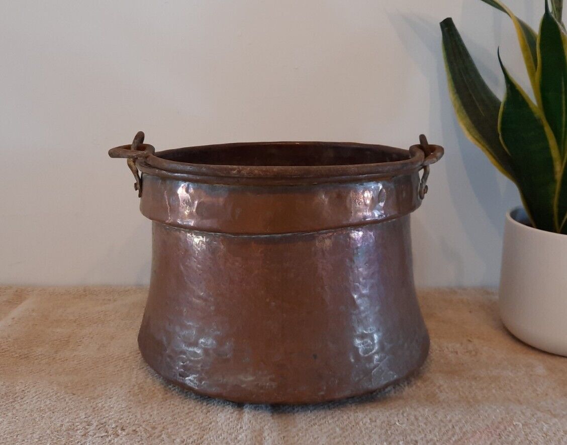 Antique 19th C Copper Kettle Cauldron Planter Pot French 1800s Handmade hammered