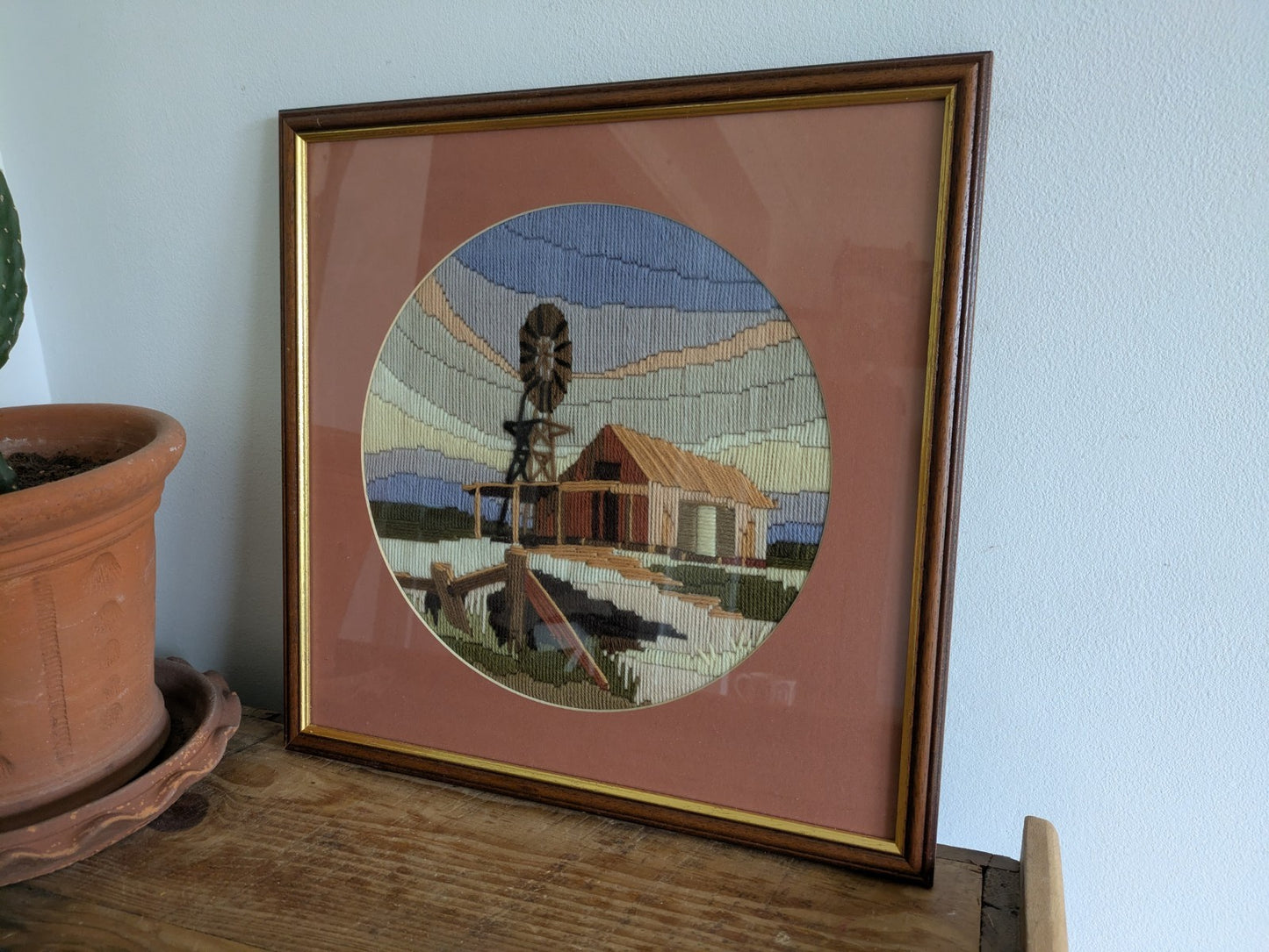 Vintage 1980s Embroidery Long Stitch Tapestry Picture Boho Wind Turbine Farm 