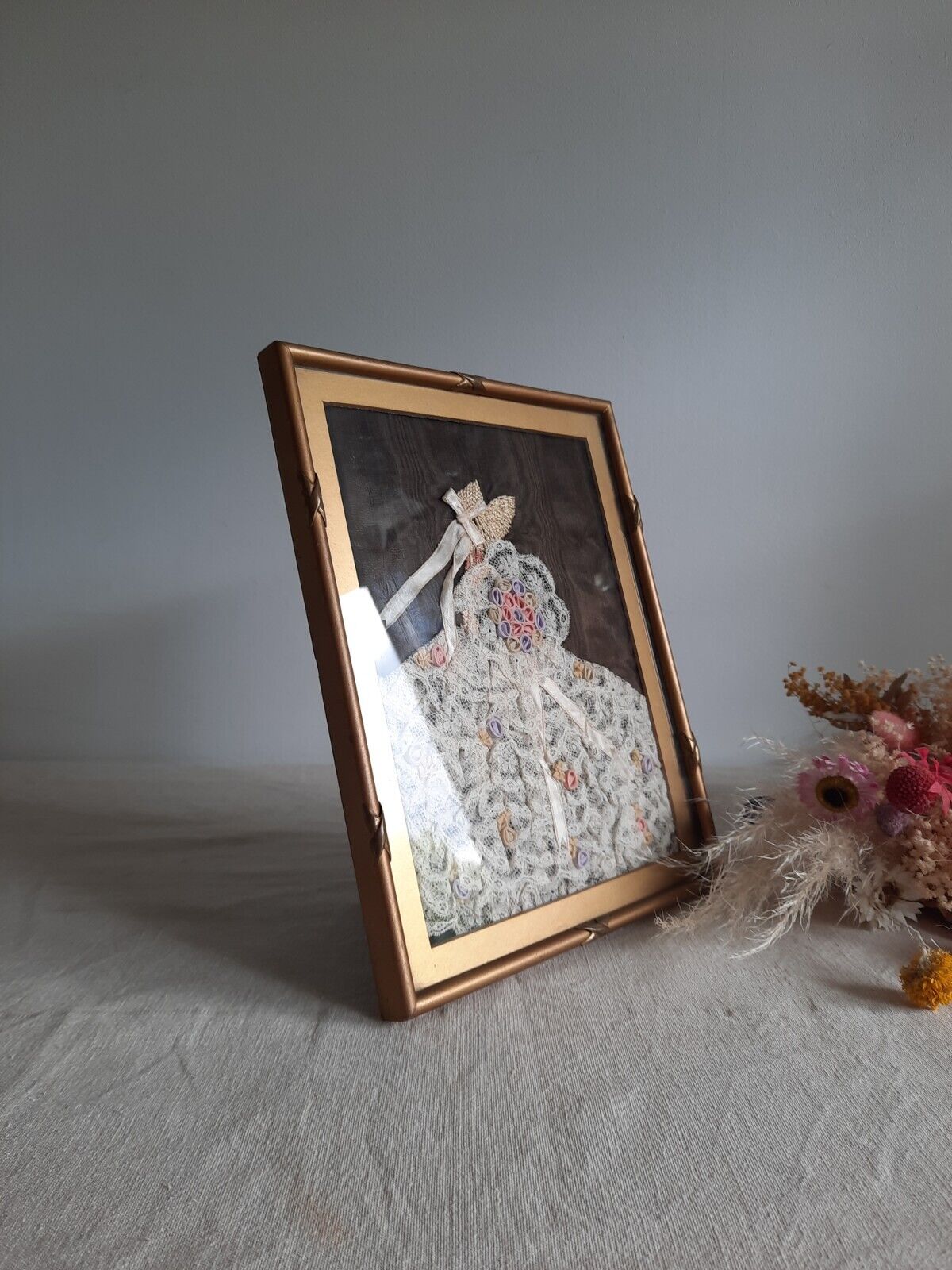 vintage framed picture embroidery ribbon lace crinoline Lady Antique Frame Gilt