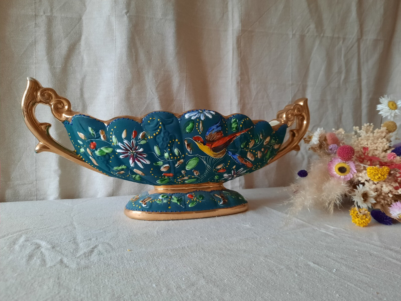 XL Henri Bequet Quaregnon Belgium Bird Of Paradise Large Vase 925 vintage Rare 