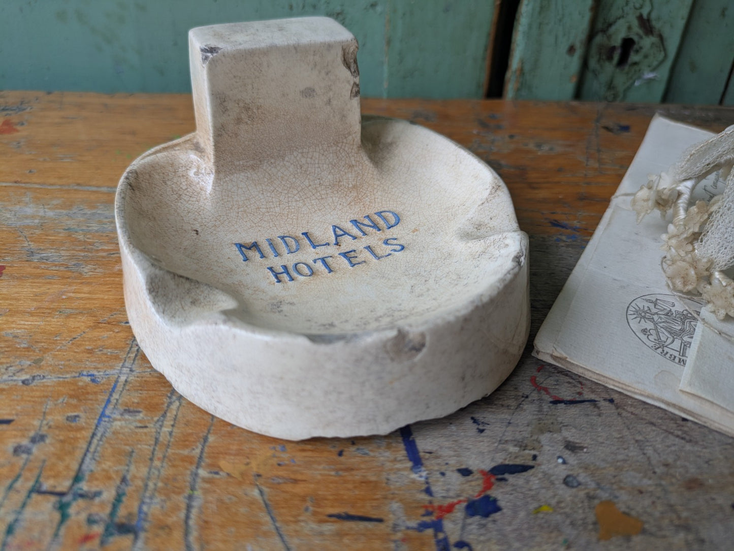 Antique Midland Hotels Ironstone Match Striker Ashtray Crazed Advertising Rare 